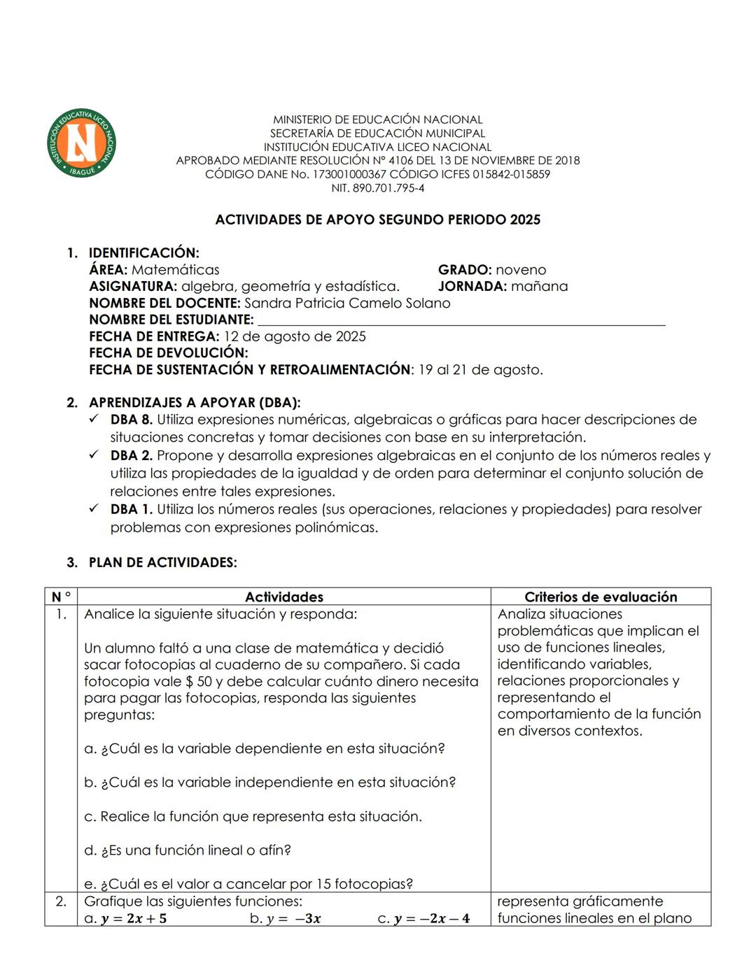 Plan de apoyo matemáticas