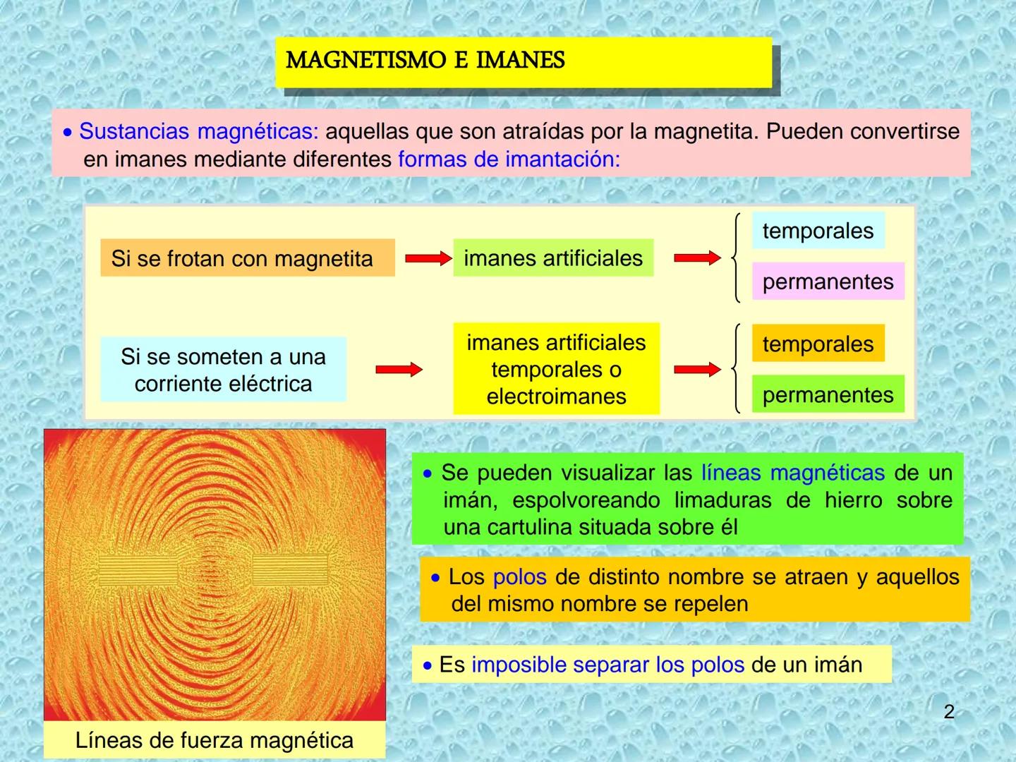 # ELECTROMAGNETISMO
1 MAGNETISMO E IMANES
• Sustancias magnéticas: aquellas que son atraídas por la magnetita. Pueden convertirse
en imanes