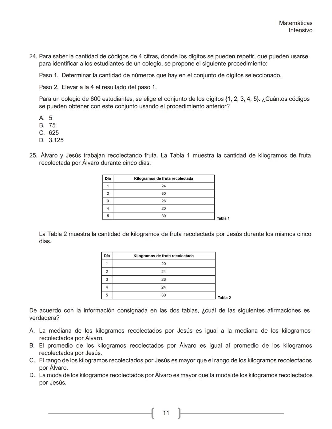 Matemáticas
Intensivo
MATEMÁTICAS
1. La tabla muestra la cantidad de personas contagiadas de un virus en un pequeño hospital, según su
rango