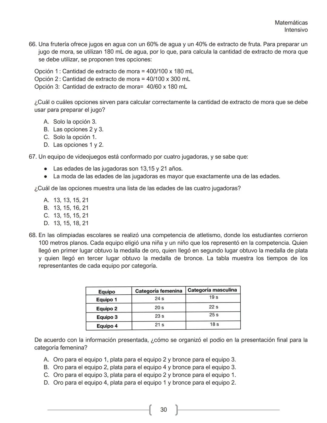 Matemáticas
Intensivo
MATEMÁTICAS
1. La tabla muestra la cantidad de personas contagiadas de un virus en un pequeño hospital, según su
rango