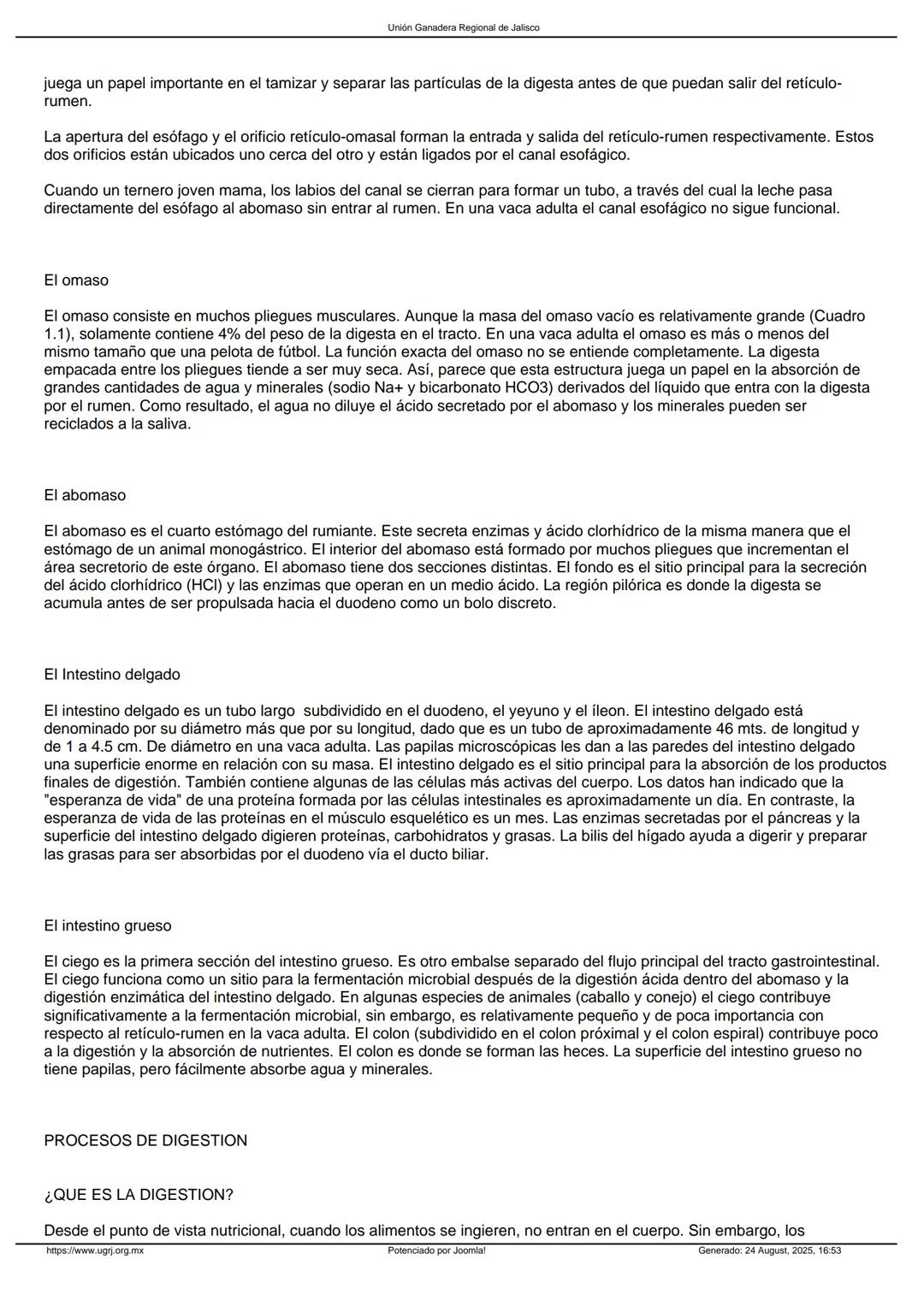 Sistema digestivo de la vaca
DESCRIPCION DEL SISTEMA DIGESTIVO
Unión Ganadera Regional de Jalisco
INTRODUCCION
La digestión es una serie de
