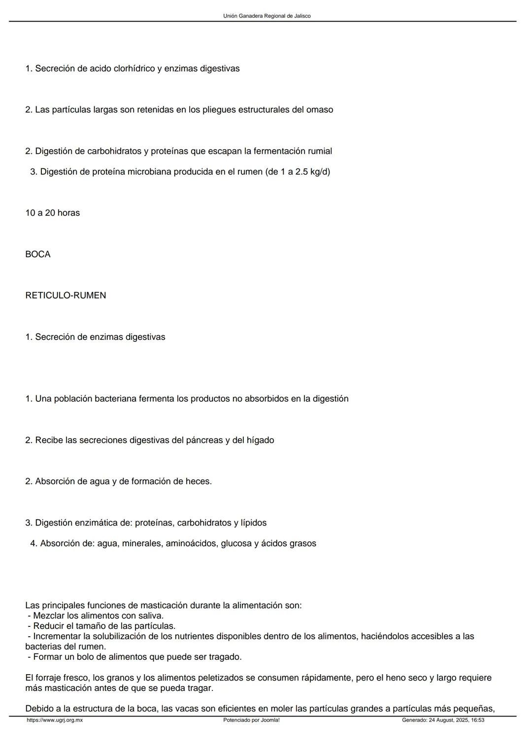 Sistema digestivo de la vaca
DESCRIPCION DEL SISTEMA DIGESTIVO
Unión Ganadera Regional de Jalisco
INTRODUCCION
La digestión es una serie de