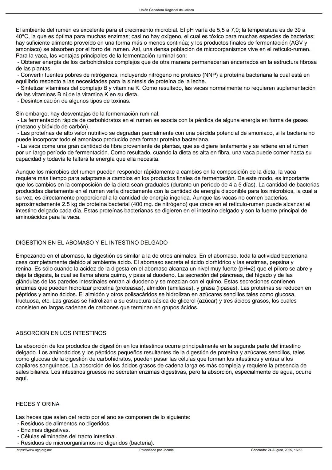 Sistema digestivo de la vaca
DESCRIPCION DEL SISTEMA DIGESTIVO
Unión Ganadera Regional de Jalisco
INTRODUCCION
La digestión es una serie de