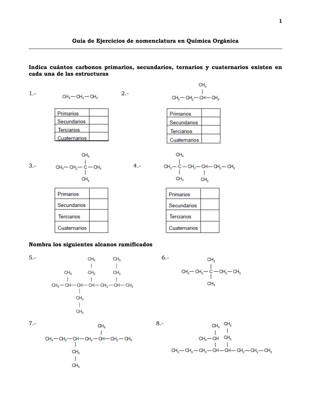 Guía de Ejercicios de nomenclatura en Química Orgánica
1
Indica cuántos carbonos primarios, secundarios, ternarios y cuaternarios existen en