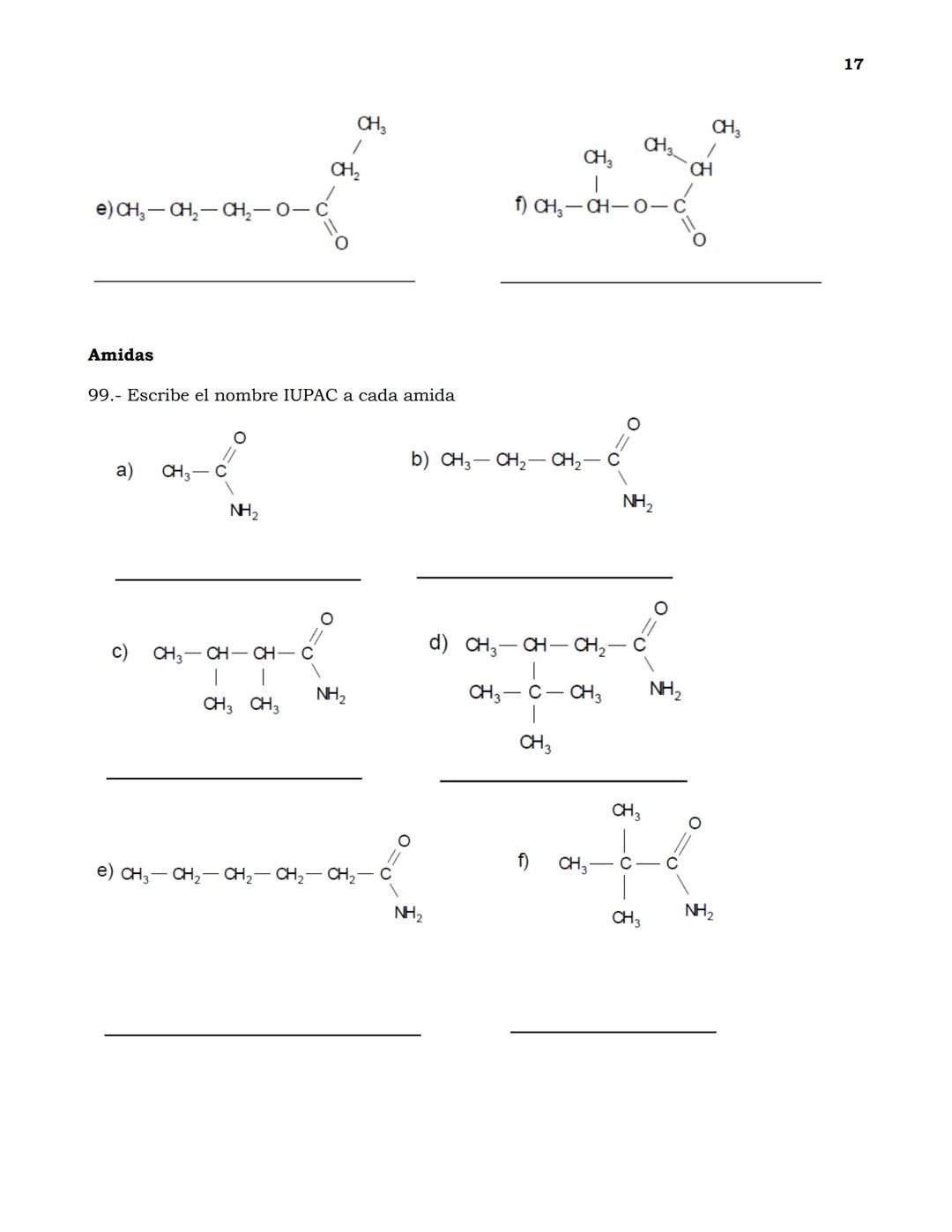 Guía de Ejercicios de nomenclatura en Química Orgánica
1
Indica cuántos carbonos primarios, secundarios, ternarios y cuaternarios existen en