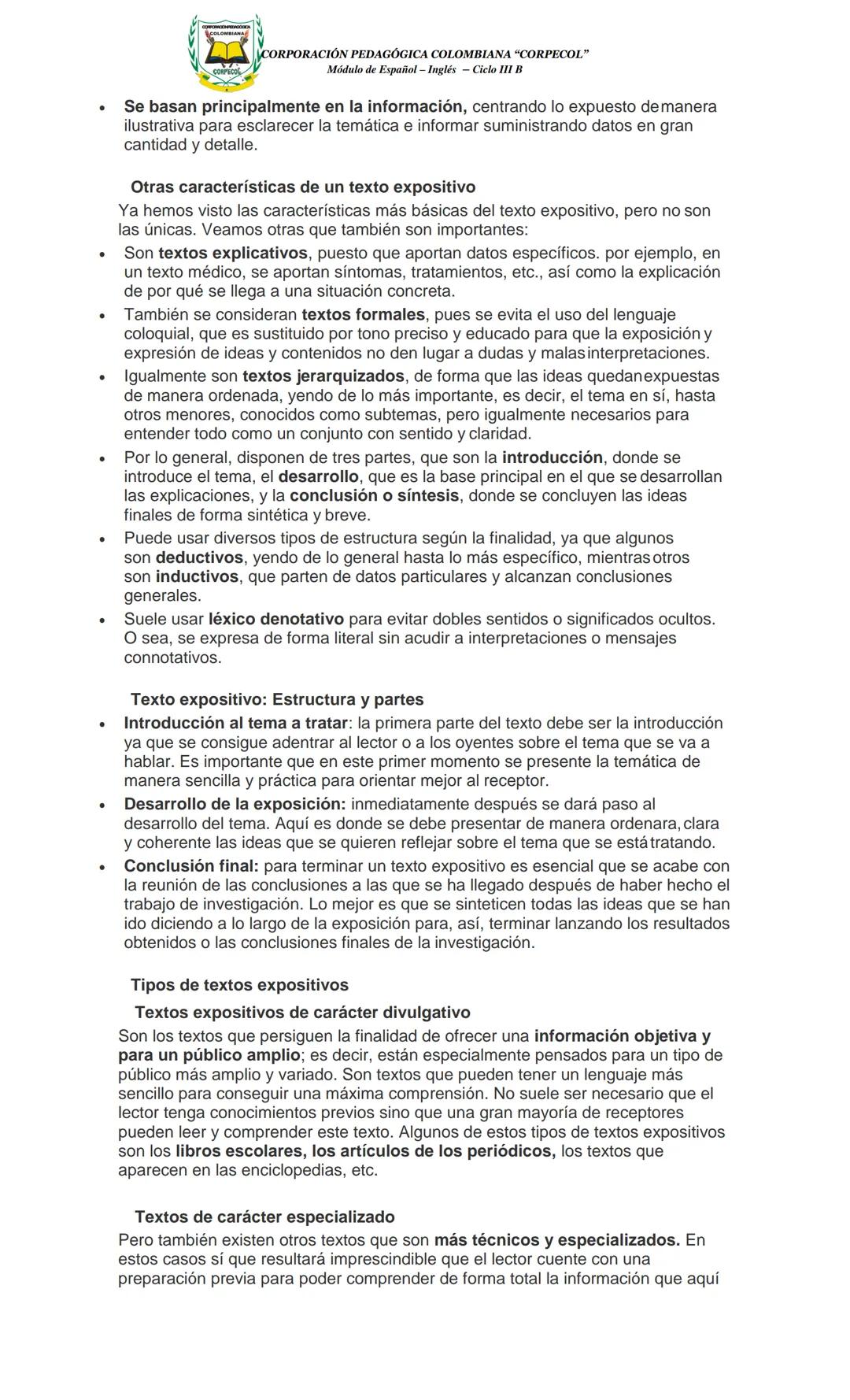 CORPORACIÓN PEDAGÓGICA COLOMBIANA "CORPECOL"
Módulo de Español - Inglés Ciclo III B
CORPORACIÓN PEDAGÓGICA COLOMBIANA "CORPECOL"
| CICLO