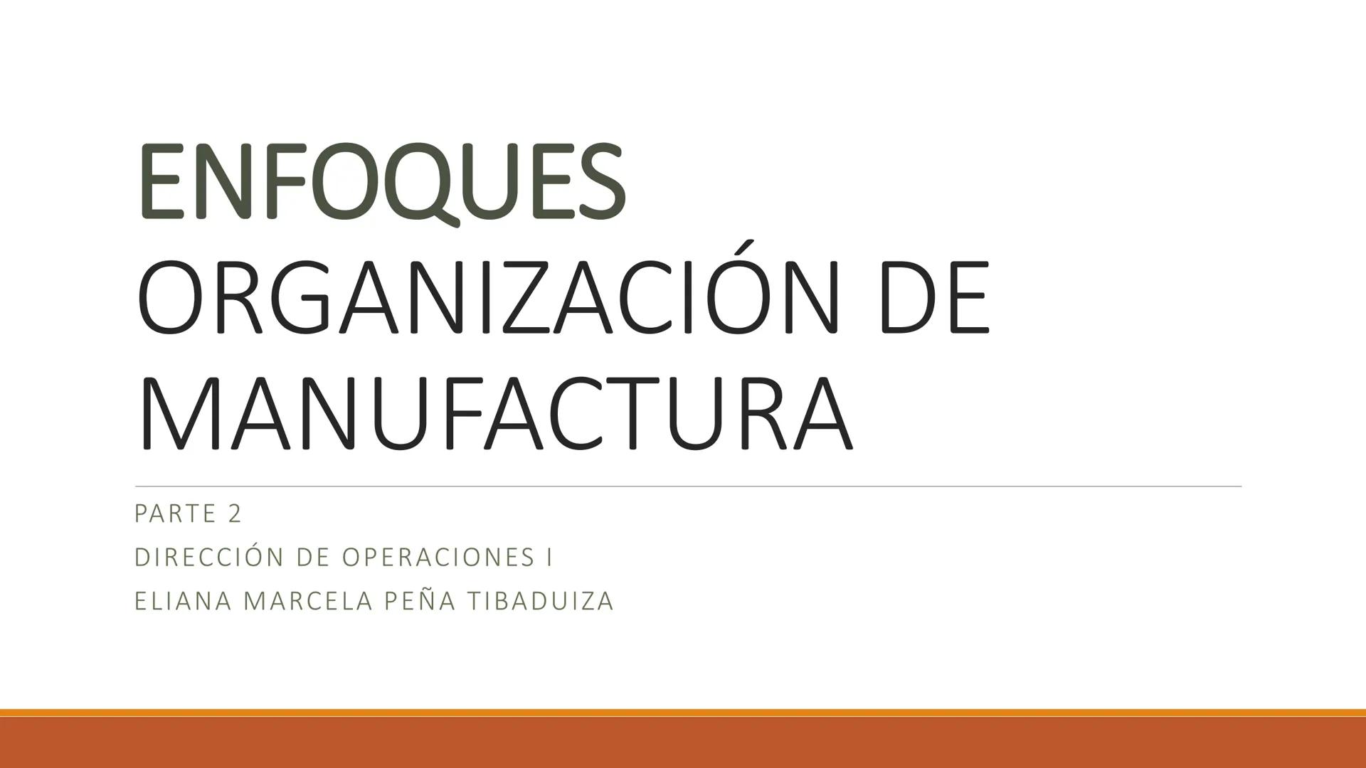 # ENFOQUES
# ORGANIZACIÓN DE
# MANUFACTURA
PARTE 2
DIRECCIÓN DE OPERACIONES I
ELIANA MARCELA PEÑA TIBADUIZA # JUSTO A TIEMPO
Producción y