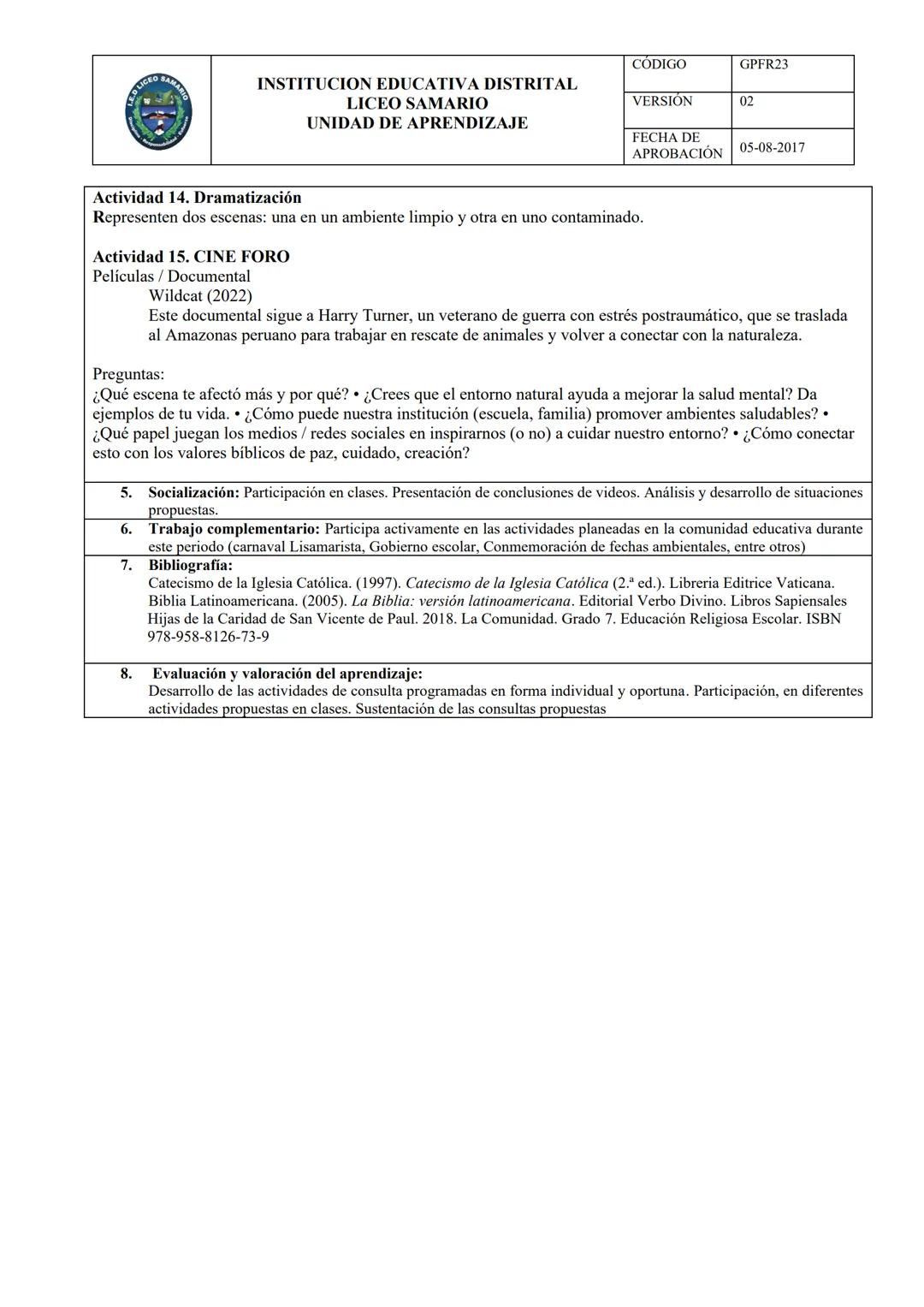 # INSTITUCION EDUCATIVA DISTRITAL
# LICEO SAMARIO
# UNIDAD DE APRENDIZAJE
CÓDIGO GPFR23
VERSION 02
FECHA DE
APROBACIÓN 05-08-2017
ÁREA: