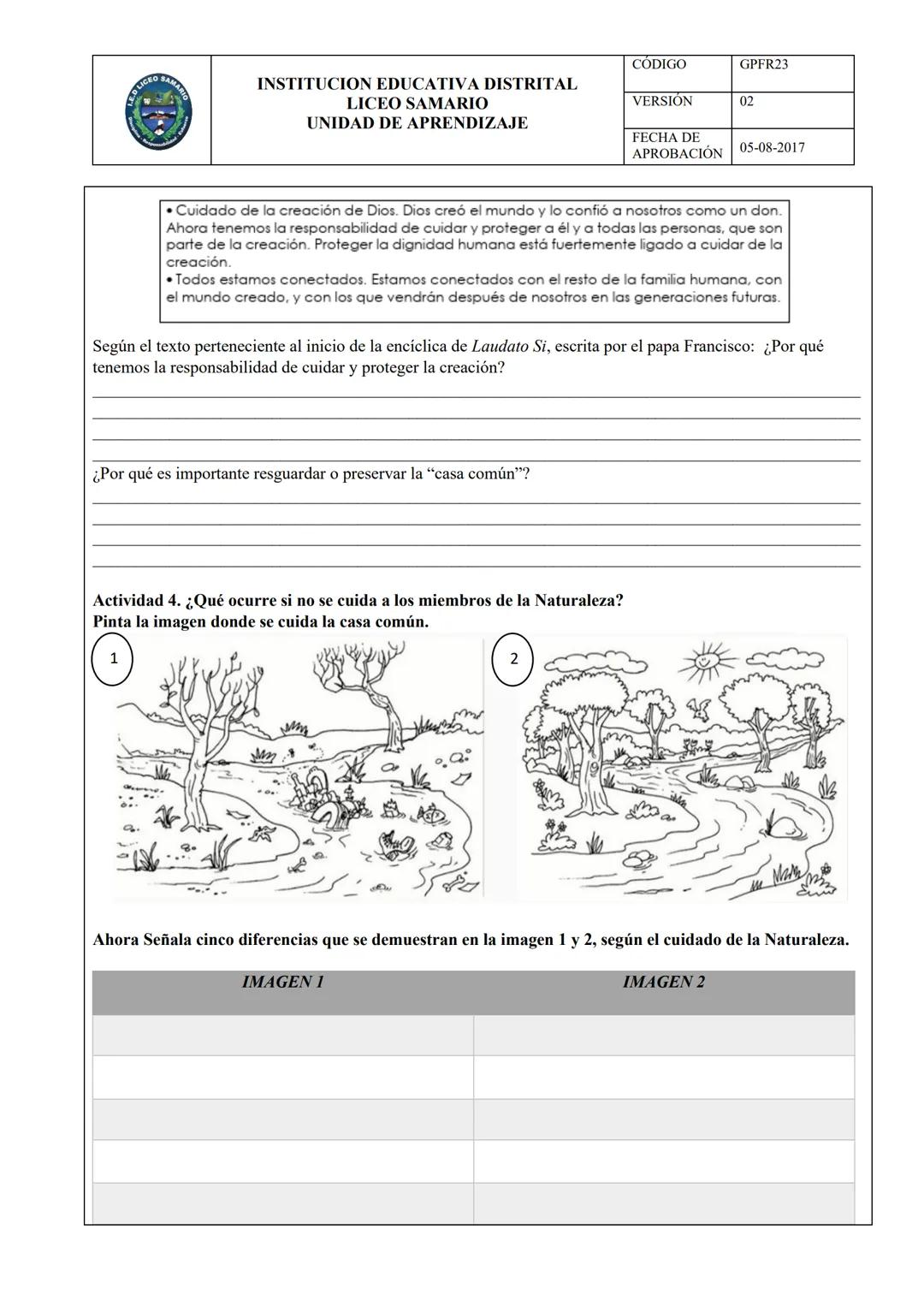 # INSTITUCION EDUCATIVA DISTRITAL
# LICEO SAMARIO
# UNIDAD DE APRENDIZAJE
CÓDIGO GPFR23
VERSION 02
FECHA DE
APROBACIÓN 05-08-2017
ÁREA: