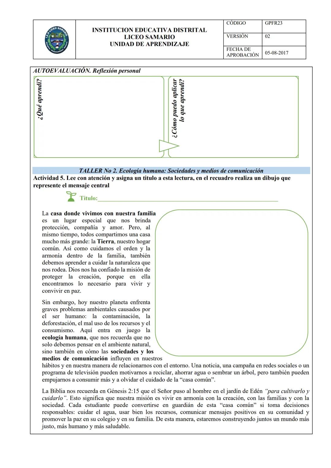 # INSTITUCION EDUCATIVA DISTRITAL
# LICEO SAMARIO
# UNIDAD DE APRENDIZAJE
CÓDIGO GPFR23
VERSION 02
FECHA DE
APROBACIÓN 05-08-2017
ÁREA: