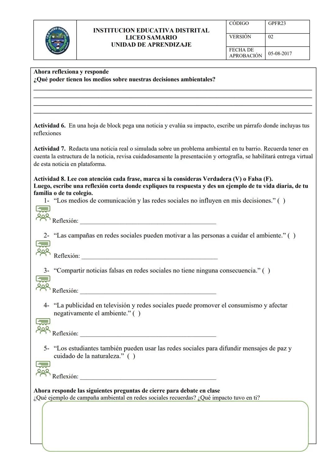 # INSTITUCION EDUCATIVA DISTRITAL
# LICEO SAMARIO
# UNIDAD DE APRENDIZAJE
CÓDIGO GPFR23
VERSION 02
FECHA DE
APROBACIÓN 05-08-2017
ÁREA: