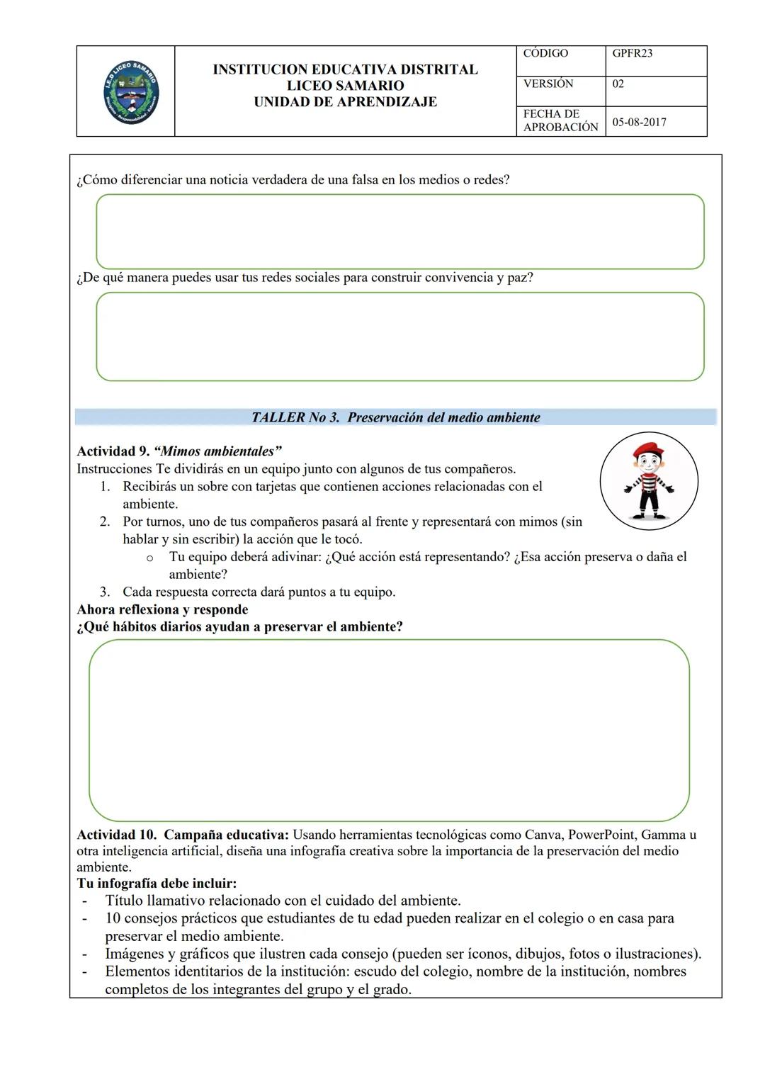# INSTITUCION EDUCATIVA DISTRITAL
# LICEO SAMARIO
# UNIDAD DE APRENDIZAJE
CÓDIGO GPFR23
VERSION 02
FECHA DE
APROBACIÓN 05-08-2017
ÁREA:
