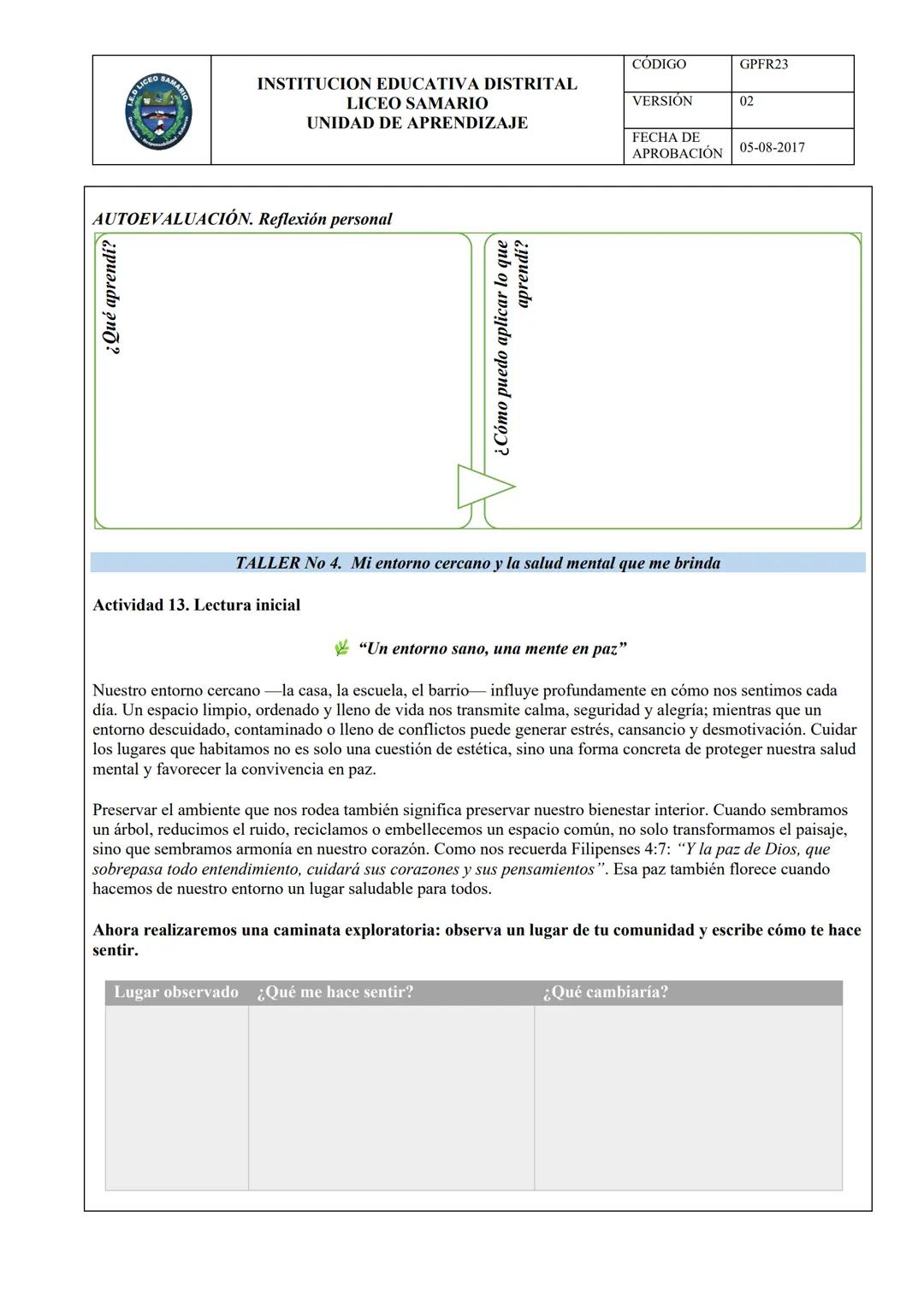 # INSTITUCION EDUCATIVA DISTRITAL
# LICEO SAMARIO
# UNIDAD DE APRENDIZAJE
CÓDIGO GPFR23
VERSION 02
FECHA DE
APROBACIÓN 05-08-2017
ÁREA:
