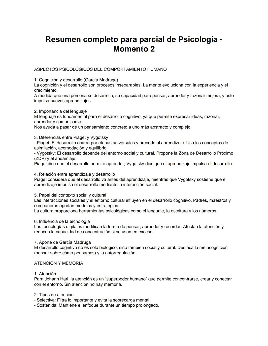 # Resumen completo para parcial de Psicología -
Momento 2
ASPECTOS PSICOLÓGICOS DEL COMPORTAMIENTO HUMANO
1. Cognición y desarrollo (Garcí