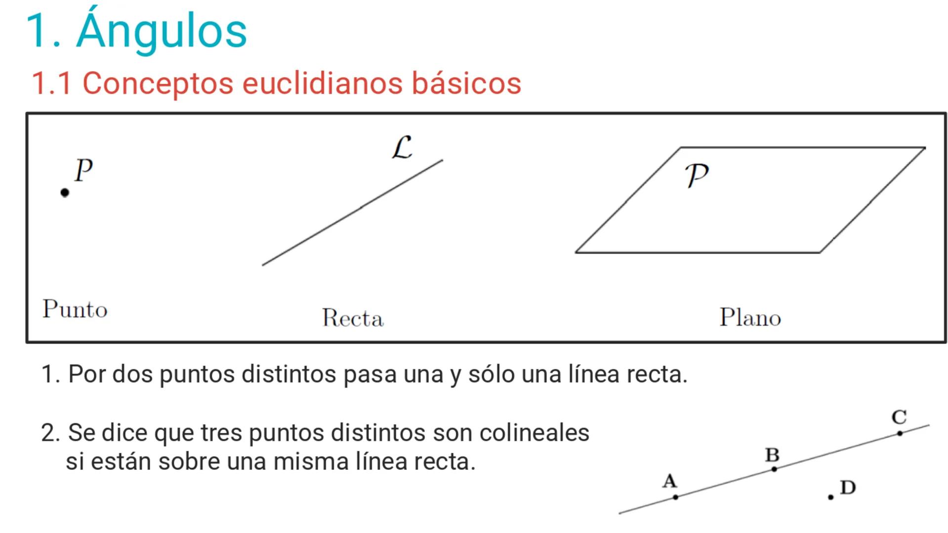 # 1. Ángulos
## 1.1 Conceptos euclidianos básicos
.P
L
Punto
Recta
1. Por dos puntos distintos pasa una y sólo una línea recta.
2. Se