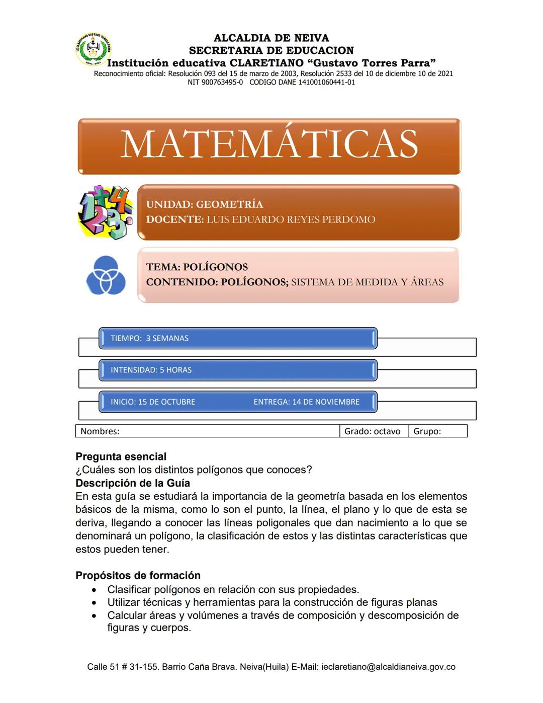 # ALCALDIA DE NEIVA
SECRETARIA DE EDUCACION
Institución educativa CLARETIANO "Gustavo Torres Parra"
Reconocimiento oficial: Resolución 093 d