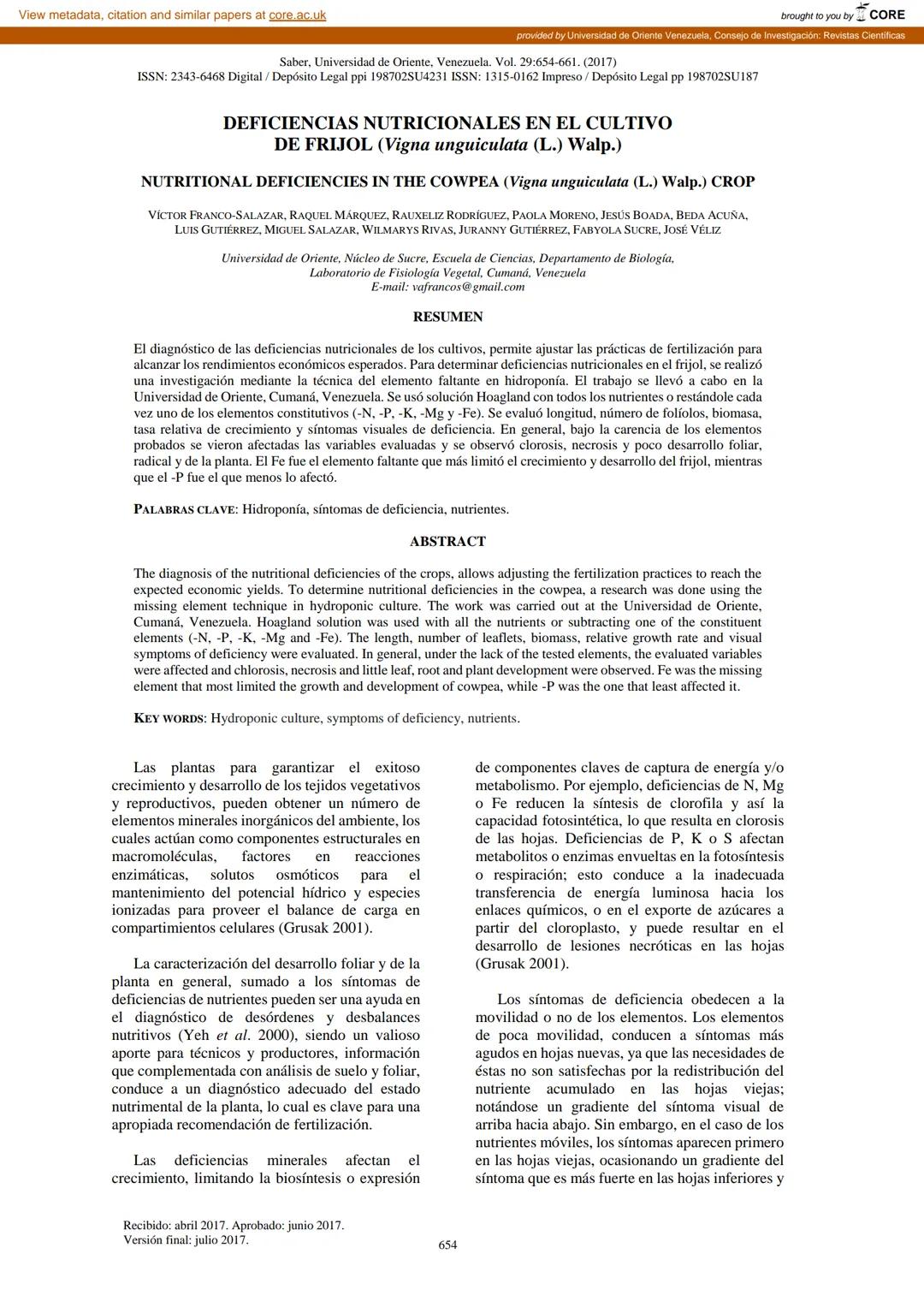 # View metadata, citation and similar papers at core.ac.uk
provided by Universidad de Oriente Venezuela. Consejo de Investigación: Revistas