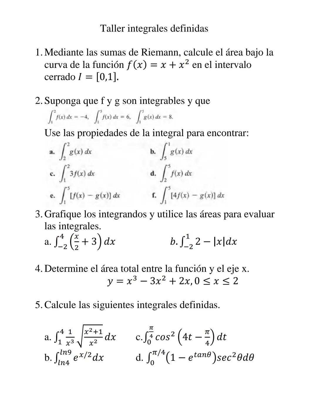 # Taller integrales definidas
1. Mediante las sumas de Riemann, calcule el área bajo la
curva de la función $f(x) = x + x^2$ en el interva