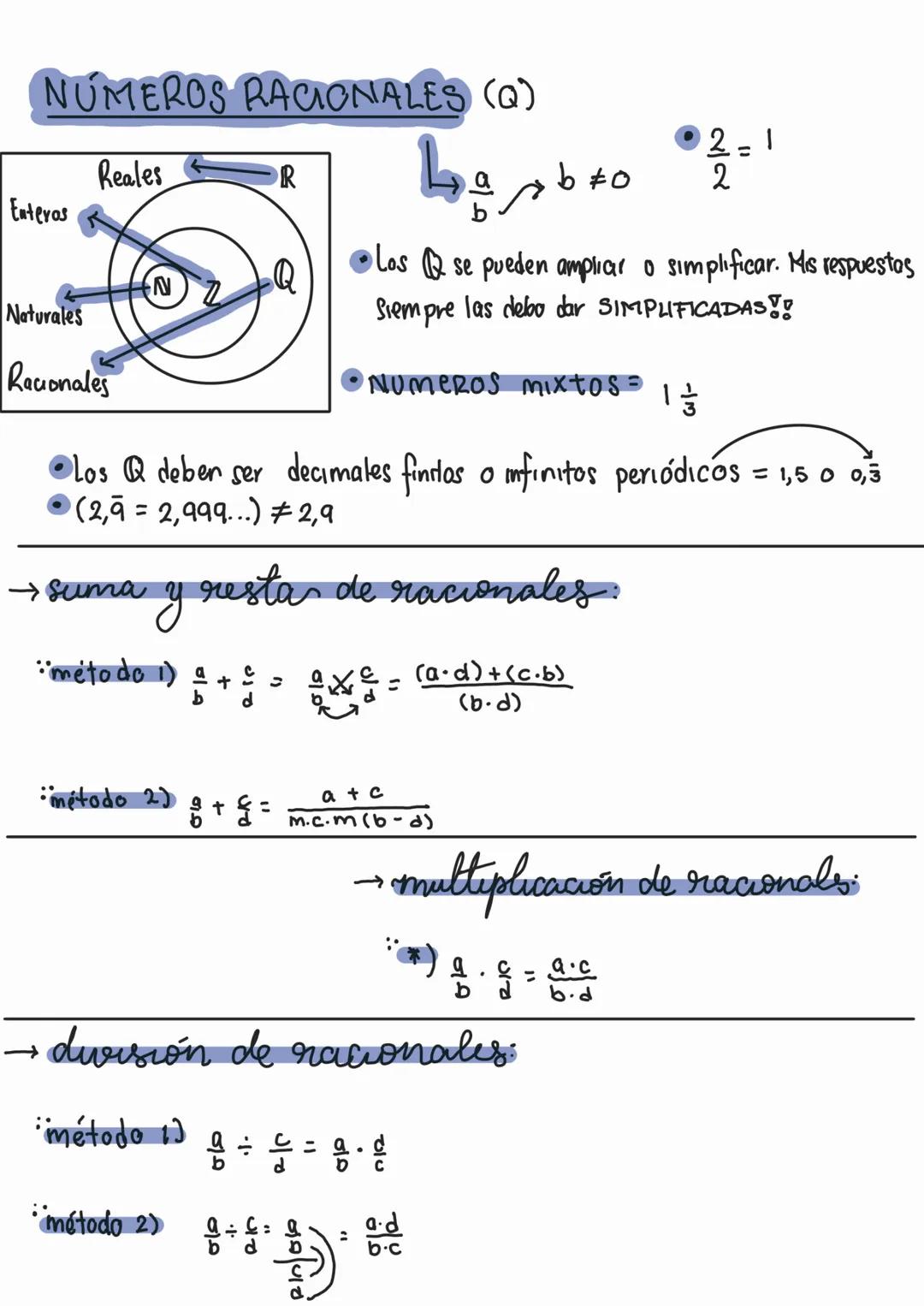 # NÚMEROS RACIONALES (Q)
Reales
R
L $\frac{a}{b}$ $b \neq 0$
Enteros
Naturales
Racionales
N
Q
* Los Q se pueden ampliar o simplifi