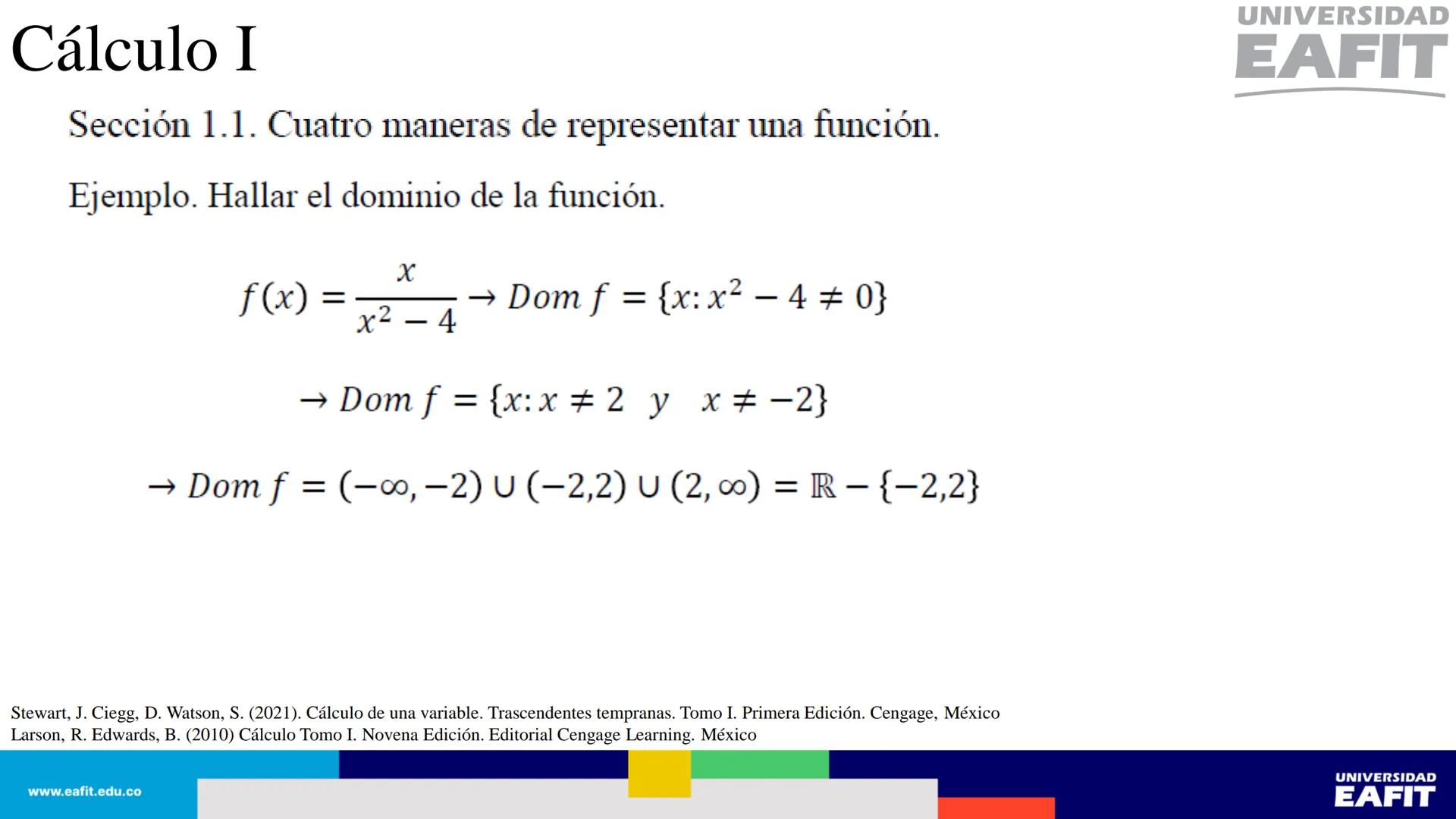 UNIVERSIDAD
EAFIT Cálculo I
UNIVERSIDAD
EAFIT # Cálculo I
Sección 1.1. Cuatro maneras de representar una función.
Así, se tienen al menos