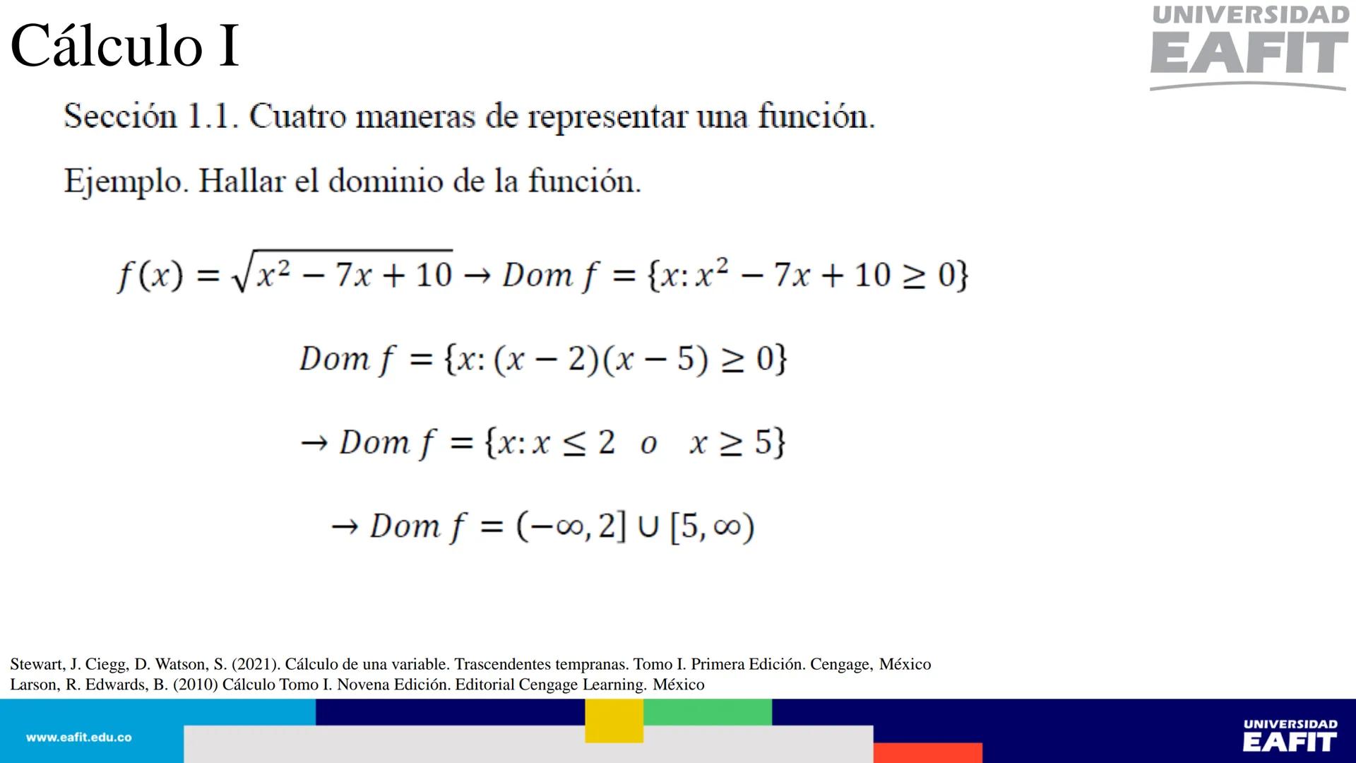 UNIVERSIDAD
EAFIT Cálculo I
UNIVERSIDAD
EAFIT # Cálculo I
Sección 1.1. Cuatro maneras de representar una función.
Así, se tienen al menos