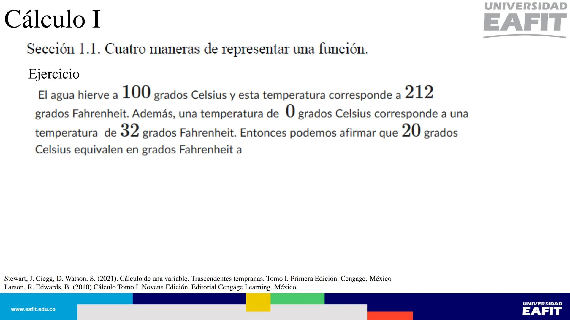 UNIVERSIDAD
EAFIT Cálculo I
UNIVERSIDAD
EAFIT # Cálculo I
Sección 1.1. Cuatro maneras de representar una función.
Así, se tienen al menos