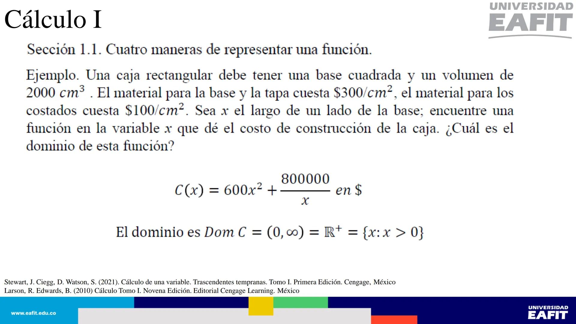 UNIVERSIDAD
EAFIT Cálculo I
UNIVERSIDAD
EAFIT # Cálculo I
Sección 1.1. Cuatro maneras de representar una función.
Así, se tienen al menos