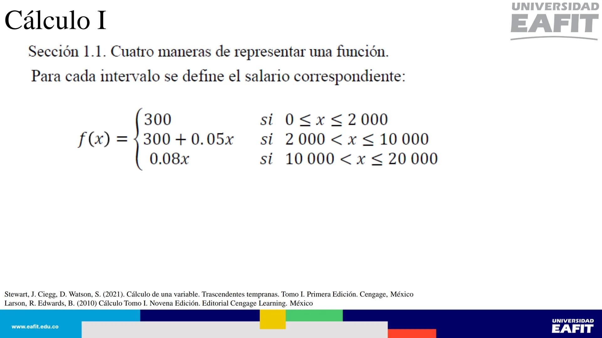 UNIVERSIDAD
EAFIT Cálculo I
UNIVERSIDAD
EAFIT # Cálculo I
Sección 1.1. Cuatro maneras de representar una función.
Así, se tienen al menos