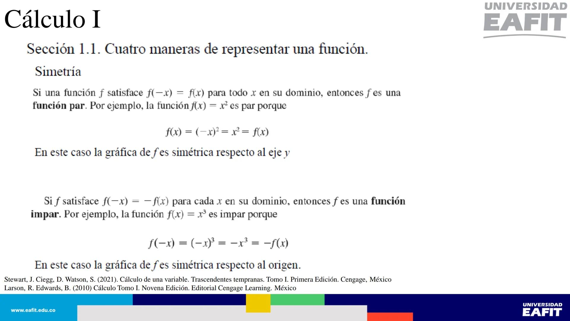 UNIVERSIDAD
EAFIT Cálculo I
UNIVERSIDAD
EAFIT # Cálculo I
Sección 1.1. Cuatro maneras de representar una función.
Así, se tienen al menos