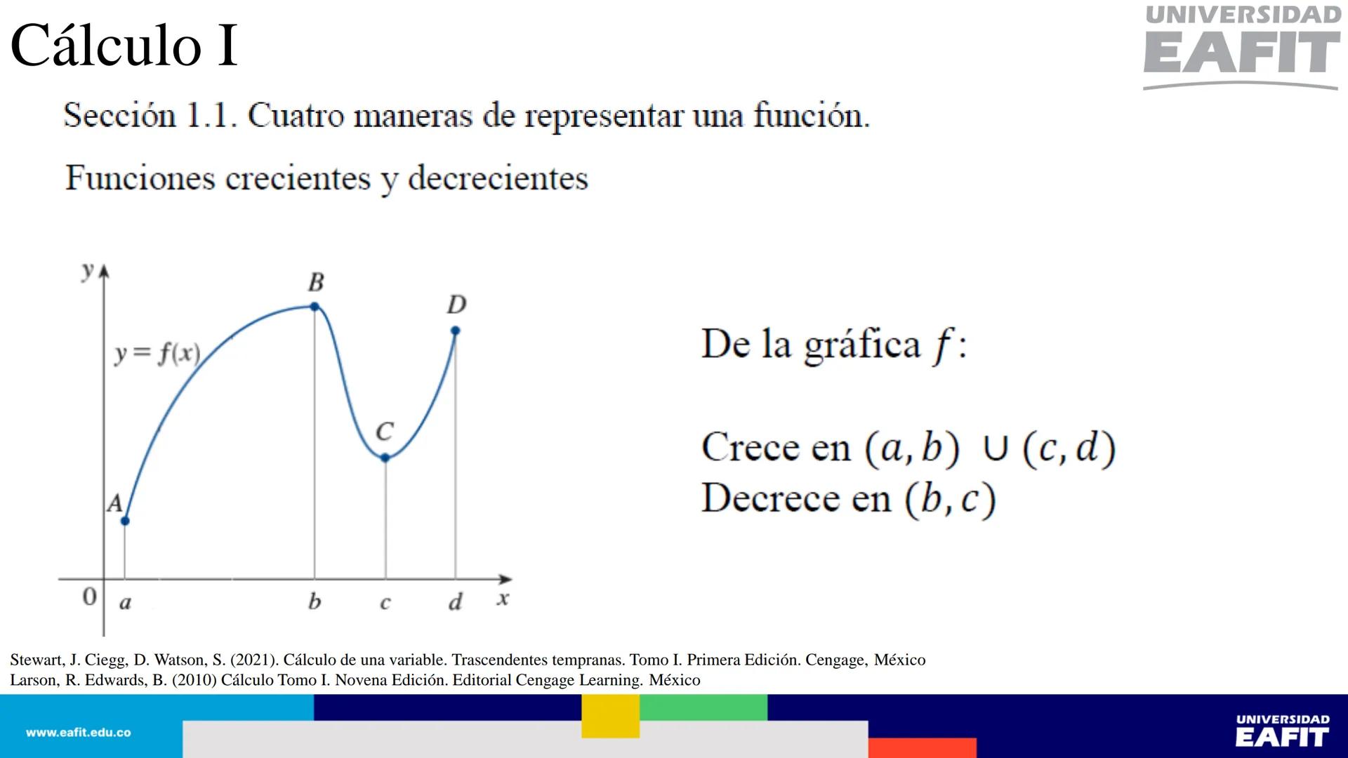 UNIVERSIDAD
EAFIT Cálculo I
UNIVERSIDAD
EAFIT # Cálculo I
Sección 1.1. Cuatro maneras de representar una función.
Así, se tienen al menos