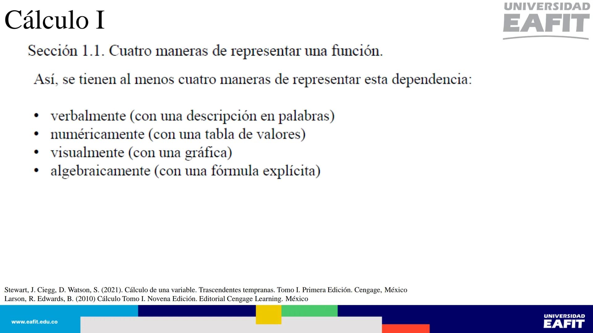 UNIVERSIDAD
EAFIT Cálculo I
UNIVERSIDAD
EAFIT # Cálculo I
Sección 1.1. Cuatro maneras de representar una función.
Así, se tienen al menos