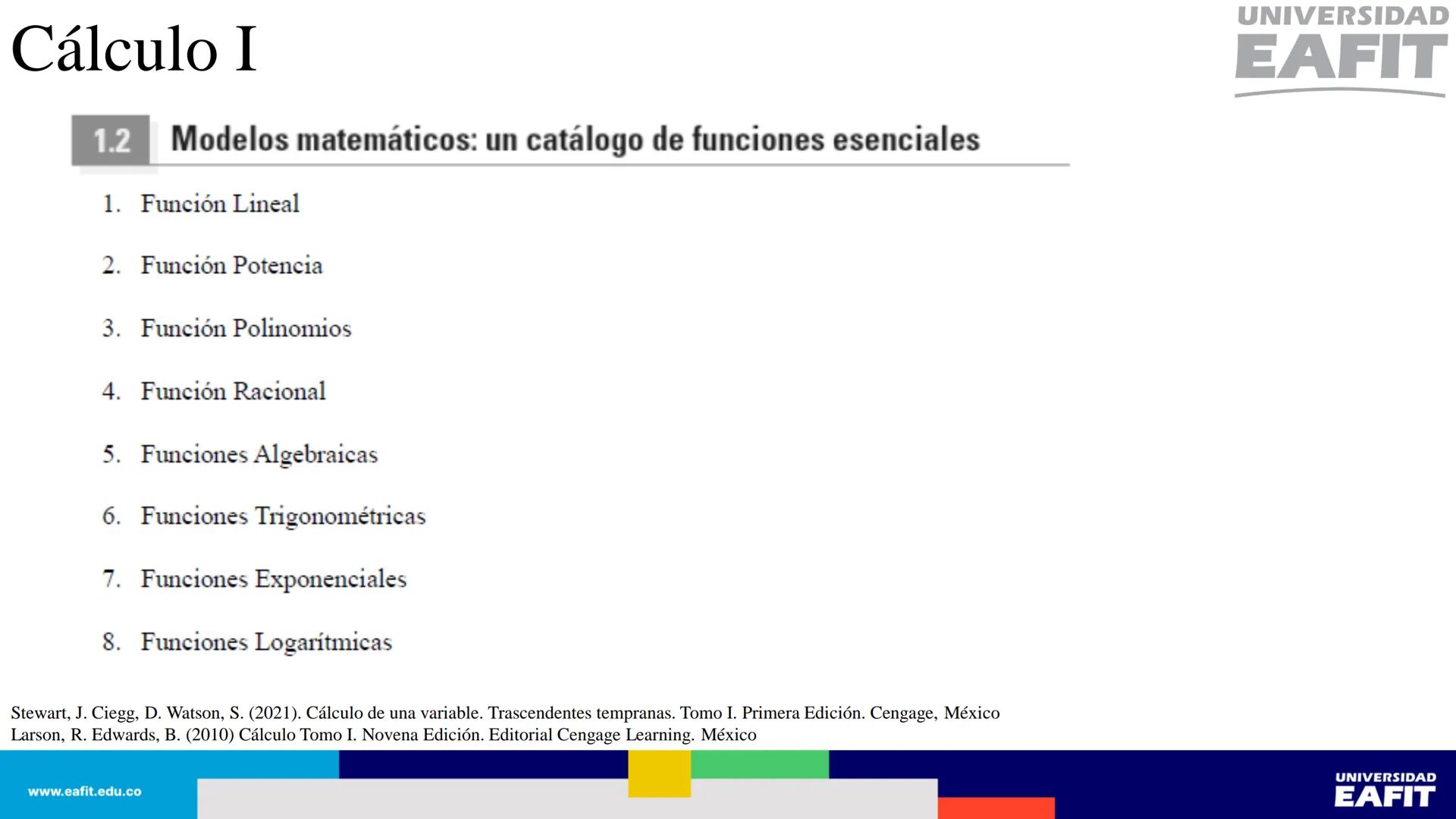 UNIVERSIDAD
EAFIT Cálculo I
UNIVERSIDAD
EAFIT # Cálculo I
Sección 1.1. Cuatro maneras de representar una función.
Así, se tienen al menos