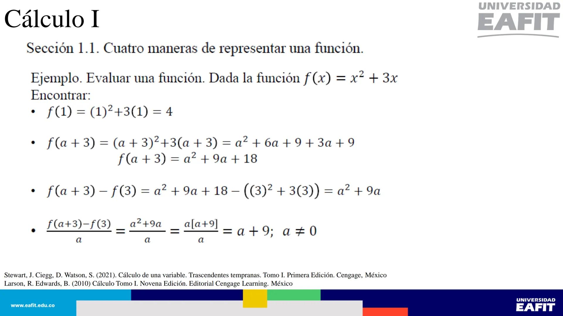 UNIVERSIDAD
EAFIT Cálculo I
UNIVERSIDAD
EAFIT # Cálculo I
Sección 1.1. Cuatro maneras de representar una función.
Así, se tienen al menos