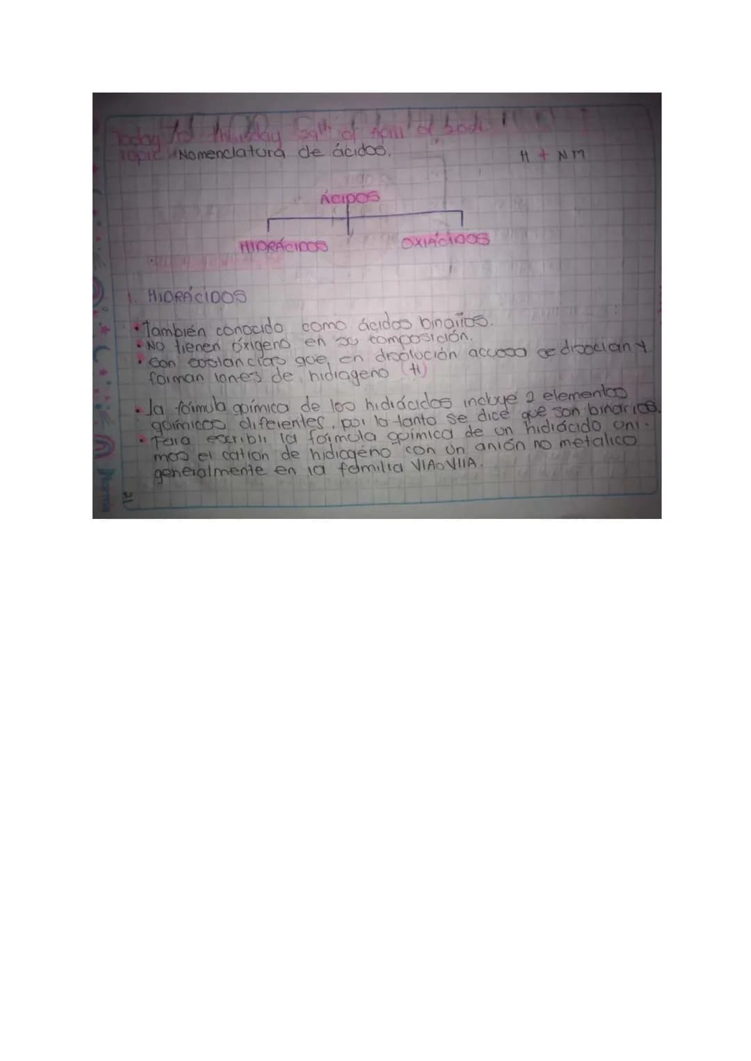 Topic Nomenclatura de ácidos.
# ÁCIDOS
## HIDRÁCIDOS
## OXACIDOS
H+ NM
1. HIDRÁCIDOS
* También conocido como ácidos binarios.
* No