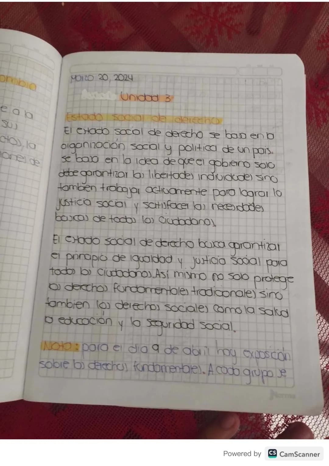 ombia
eab
ones de
ΜΟΙΖΟ 20, 2024
### Unidad 3
### Estado social de derecho
El exado social de derecho se baja en b
organización social y pol