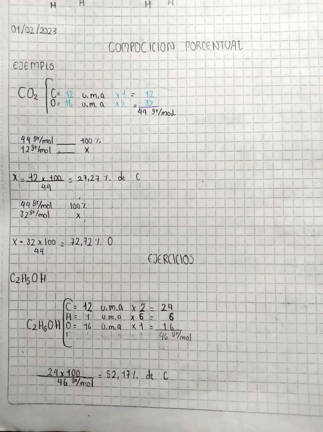 H H H H
01/02/2023
# COMPOCICION PORCENTUAL
## EJEMPLO
CO$_2$
C= 12 u.m.a x1 = 12
O= 16 u.m. a x2 = 32
44 gr/mod
44 gr/mol 100%
12gr/m