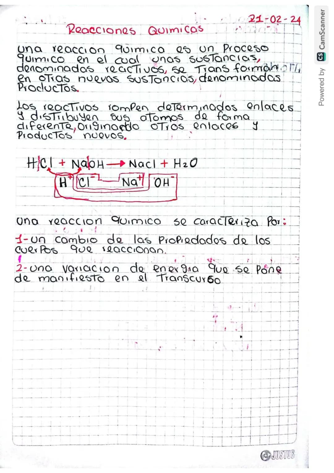 ## Reacciones Quimicas
21-02-24
Una reaccion quimica es un proceso quimico en el cual unas sustancias, denominadas reactivos, se transforma