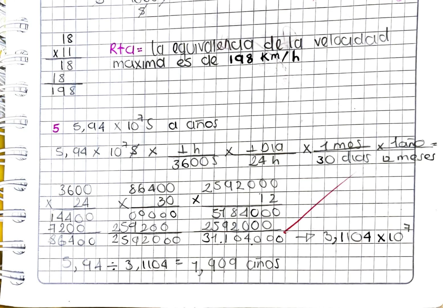 B
18
x11
18
18
198
Rta= la equivalencia de la velocidad
maxima es de 198 km/h
5 $5,94 \times 10^7 S$ a años
$5,94 \times 10^7 S \times \frac