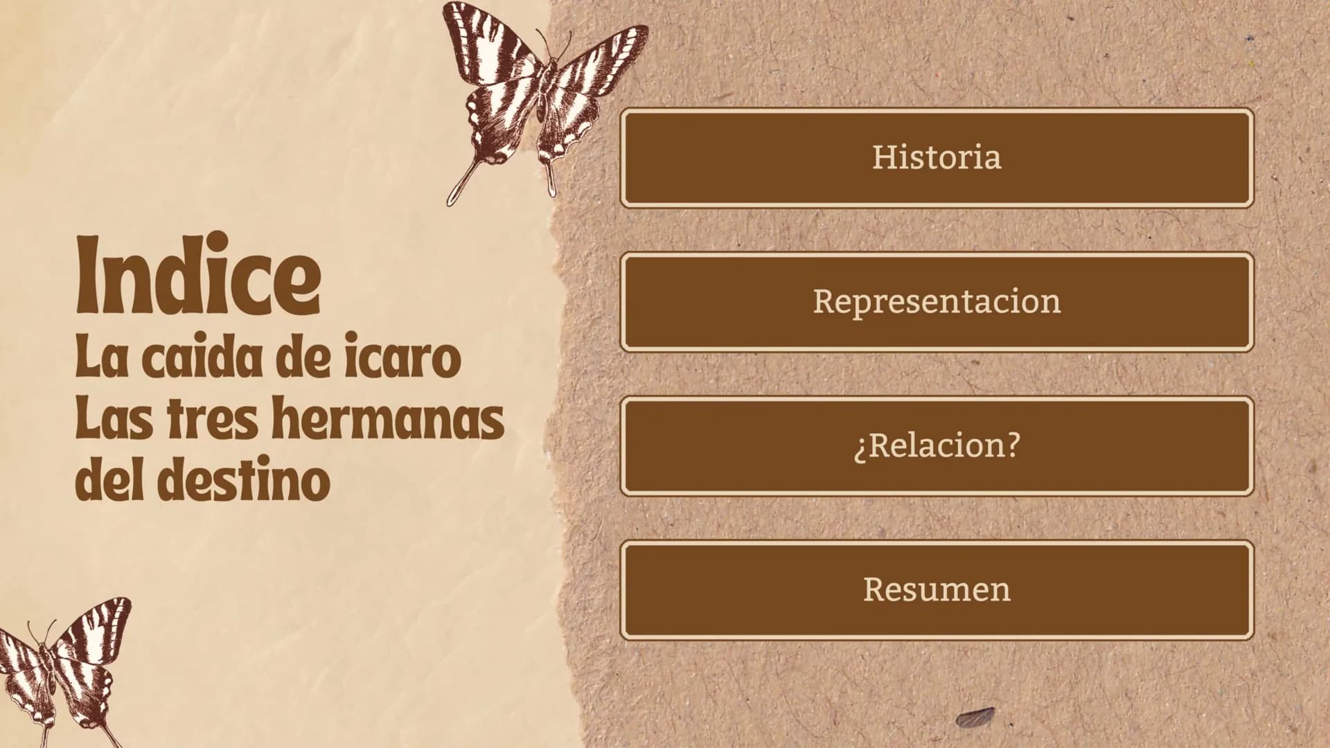Indice
La caida de icaro
Las tres hermanas
del destino
Historia
Representacion
¿Relacion?
Resumen # La caída de ícaro
La historia de la caí