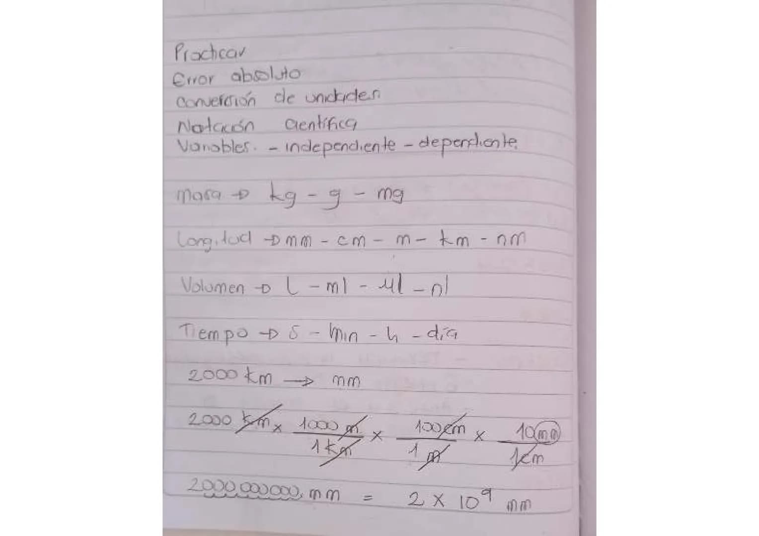 Practicar
Error absoluto
Conversión de unidades
Notación científica
Variables. - independiente - dependiente.
Masa $\rightarrow$ kg - g - mg