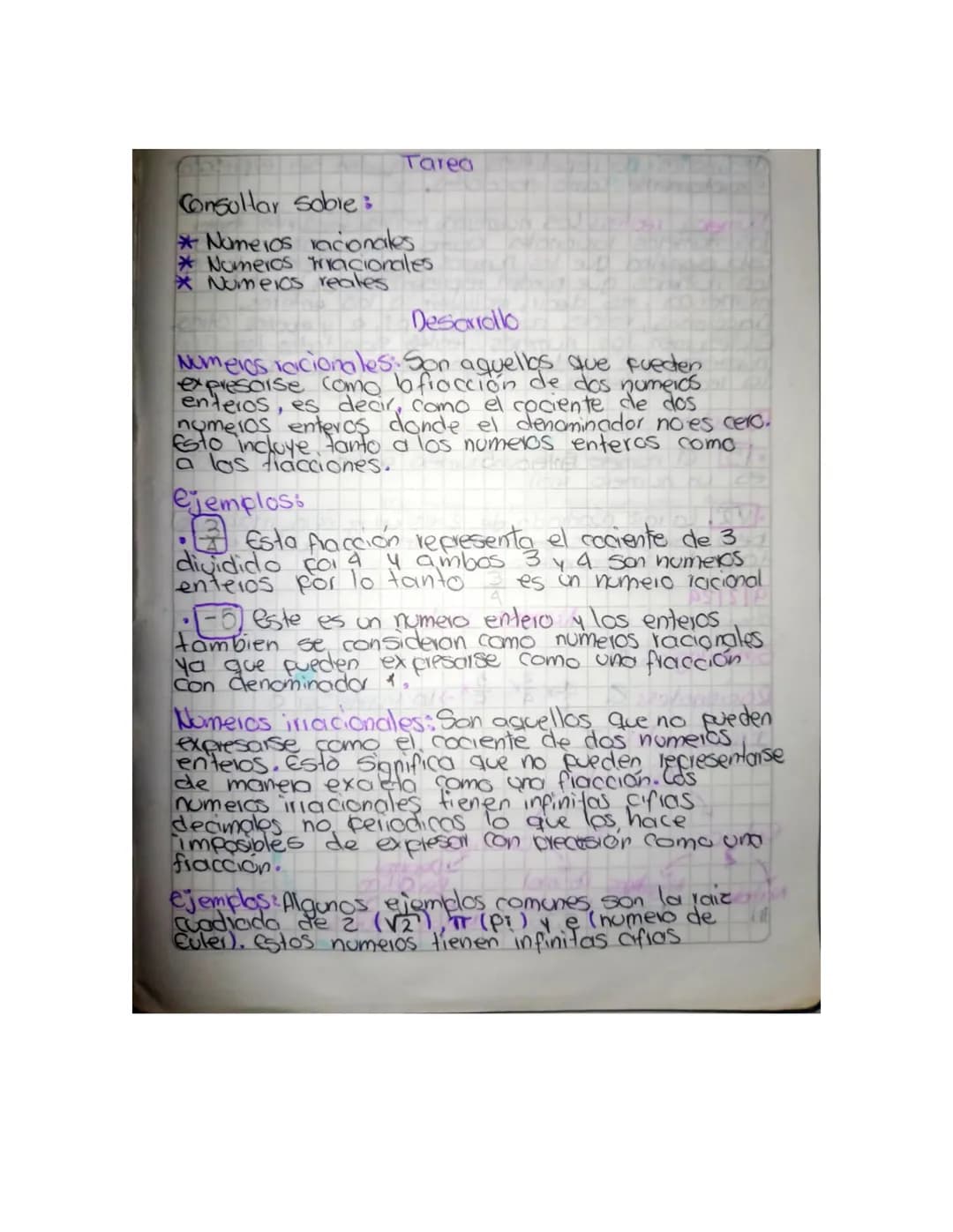 # Tarea
## Consultar Sobre:
* Números racionales
* Números irracionales
* Números reales
## Desarrollo
### Números racionales:
Son aquell