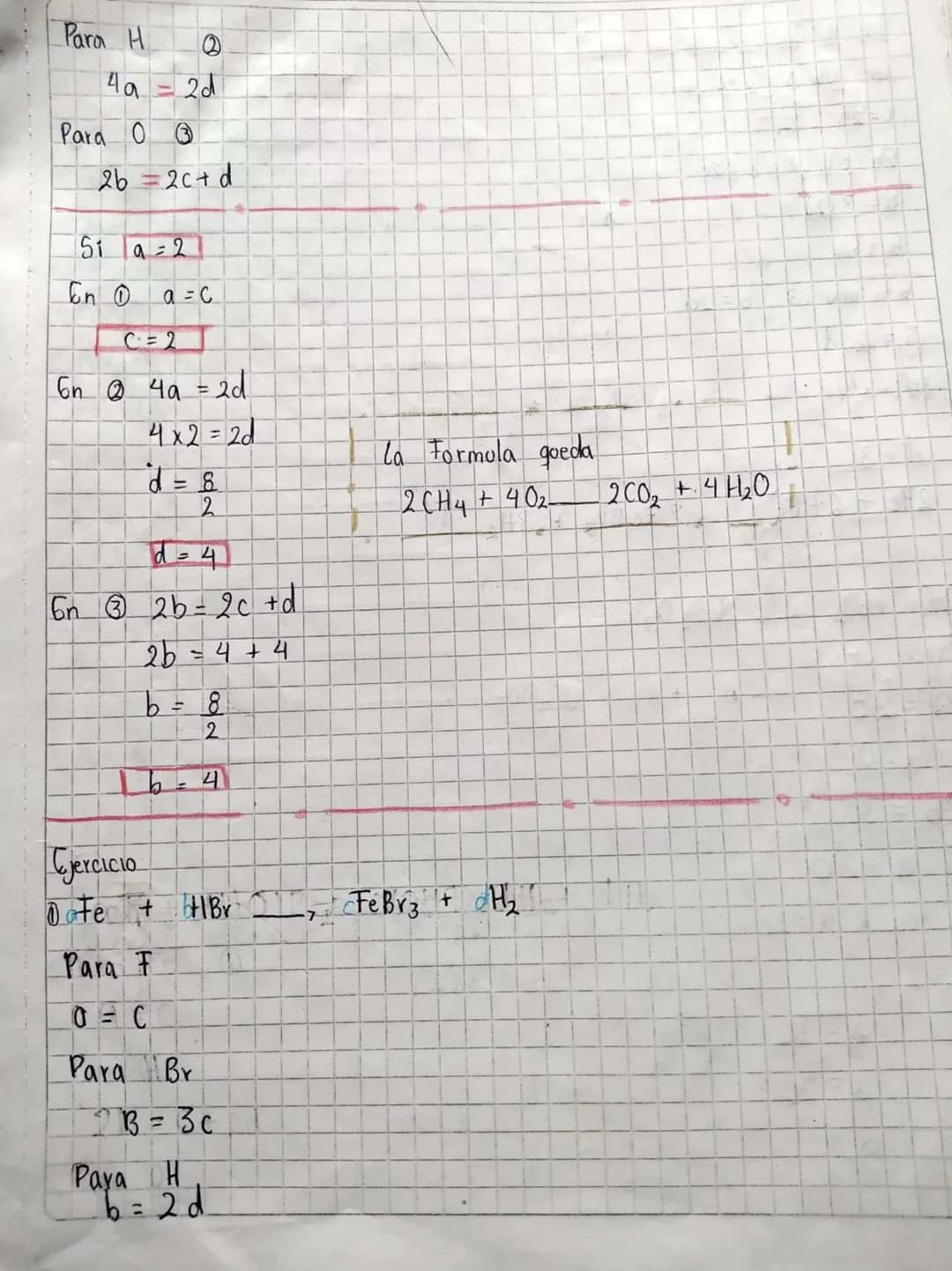 2KC1O3-2KClO4 + KCl +O2
- Metodo Algebraico
a CH4 + bO2_cCO2 + dH2O
Ejemplos
Para Carbono
a = C
① Para H (2)
$4a = 2d$
Para O (3)
$2b = 2c +