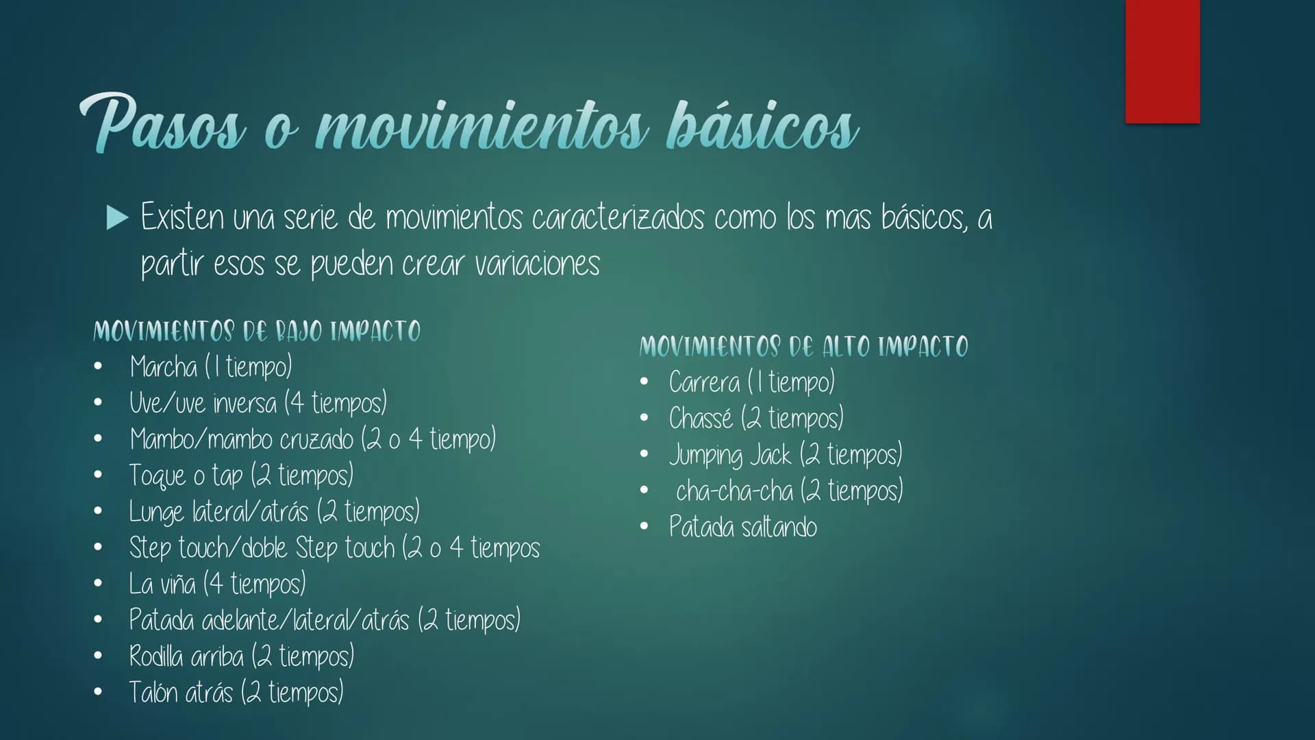 # Aerobic
- Es una actividad física practicada con acompañamiento musical.
- Busca el desarrollo y/o mantenimiento del estado de forma gener