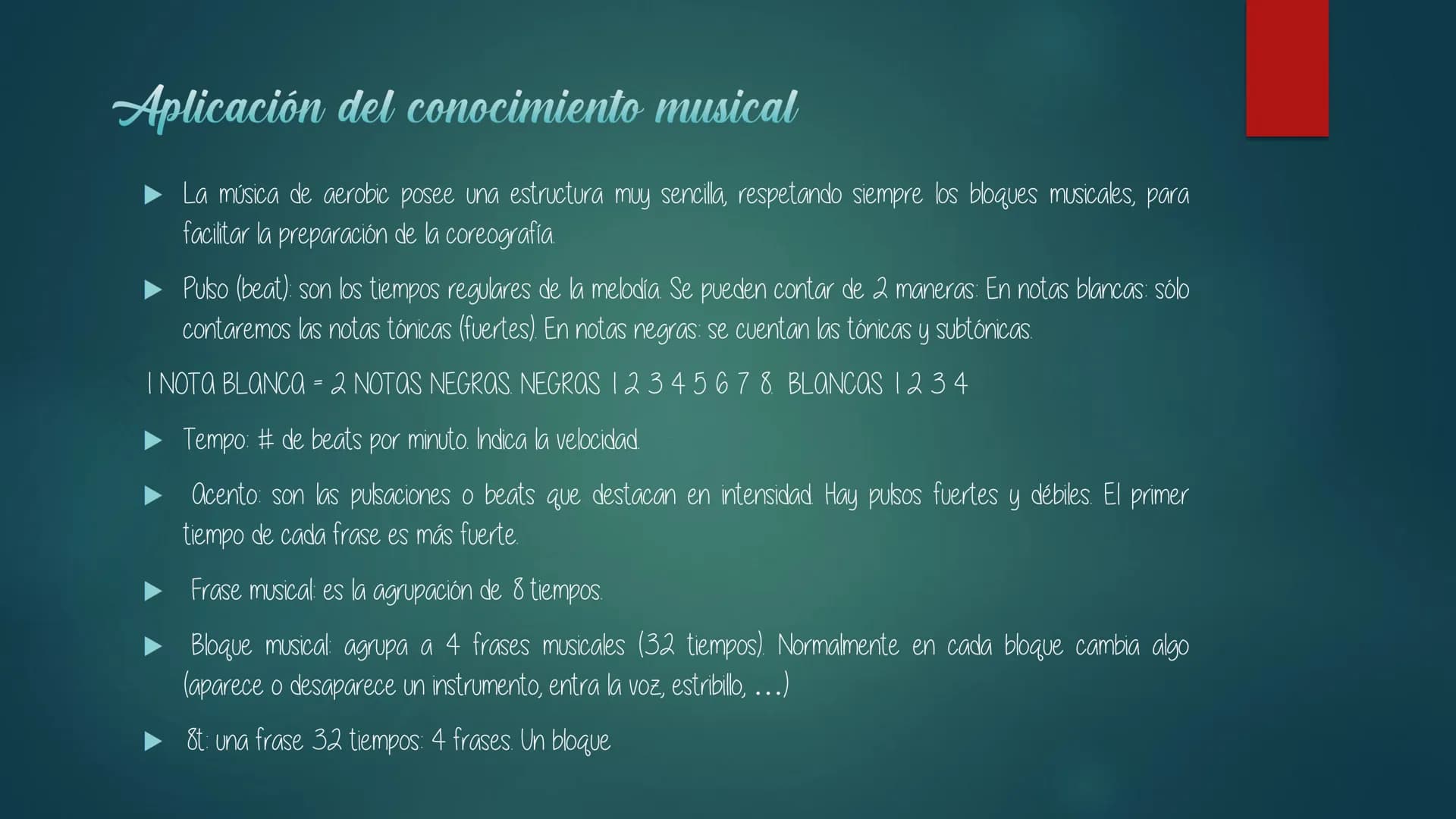 # Aerobic
- Es una actividad física practicada con acompañamiento musical.
- Busca el desarrollo y/o mantenimiento del estado de forma gener