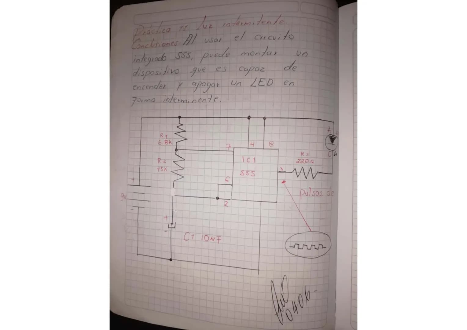 # Práctica número 1
Un led con resistencia
$1 K\Omega$
$860 \Omega$
$10 K\Omega$
$9V$
30 años
$R = \frac{V}{I} = \frac{9}{0,01A} = 900 \O