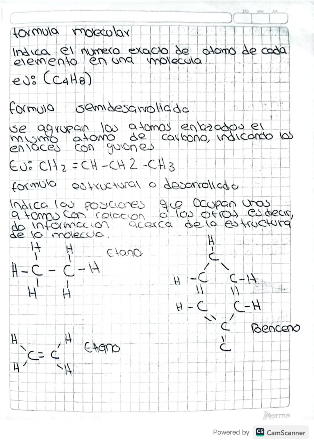 # formula molecular
Indica el numero exacto de atomo de coda elemento en una molecula
ej: (C4H8)
# formula semidesarrollada
se agrupan los