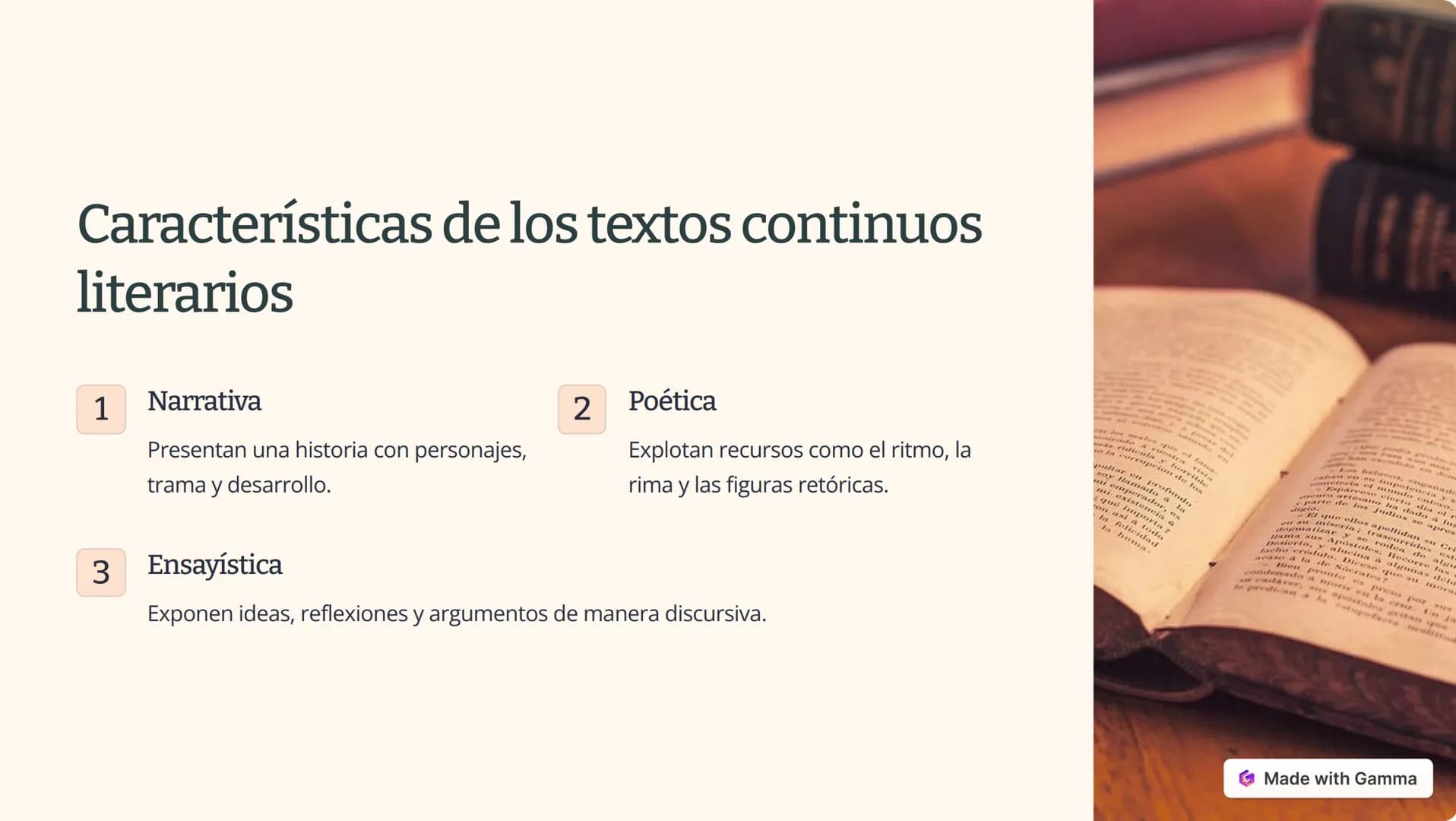 # Características de los textos continuos
## literarios
1. Narrativa
Presentan una historia con personajes, trama y desarrollo.
2. Poéti
