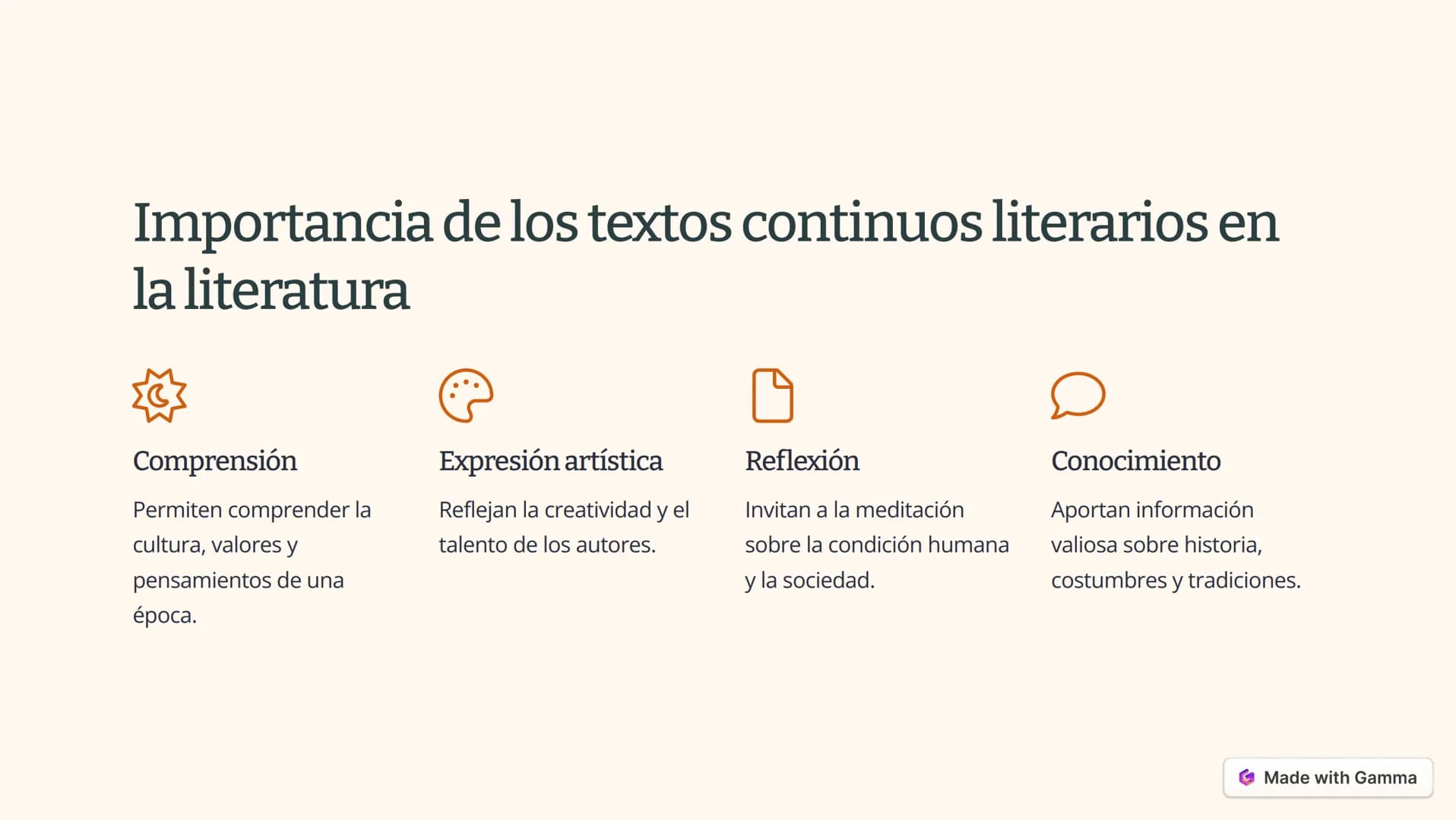 # Características de los textos continuos
## literarios
1. Narrativa
Presentan una historia con personajes, trama y desarrollo.
2. Poéti