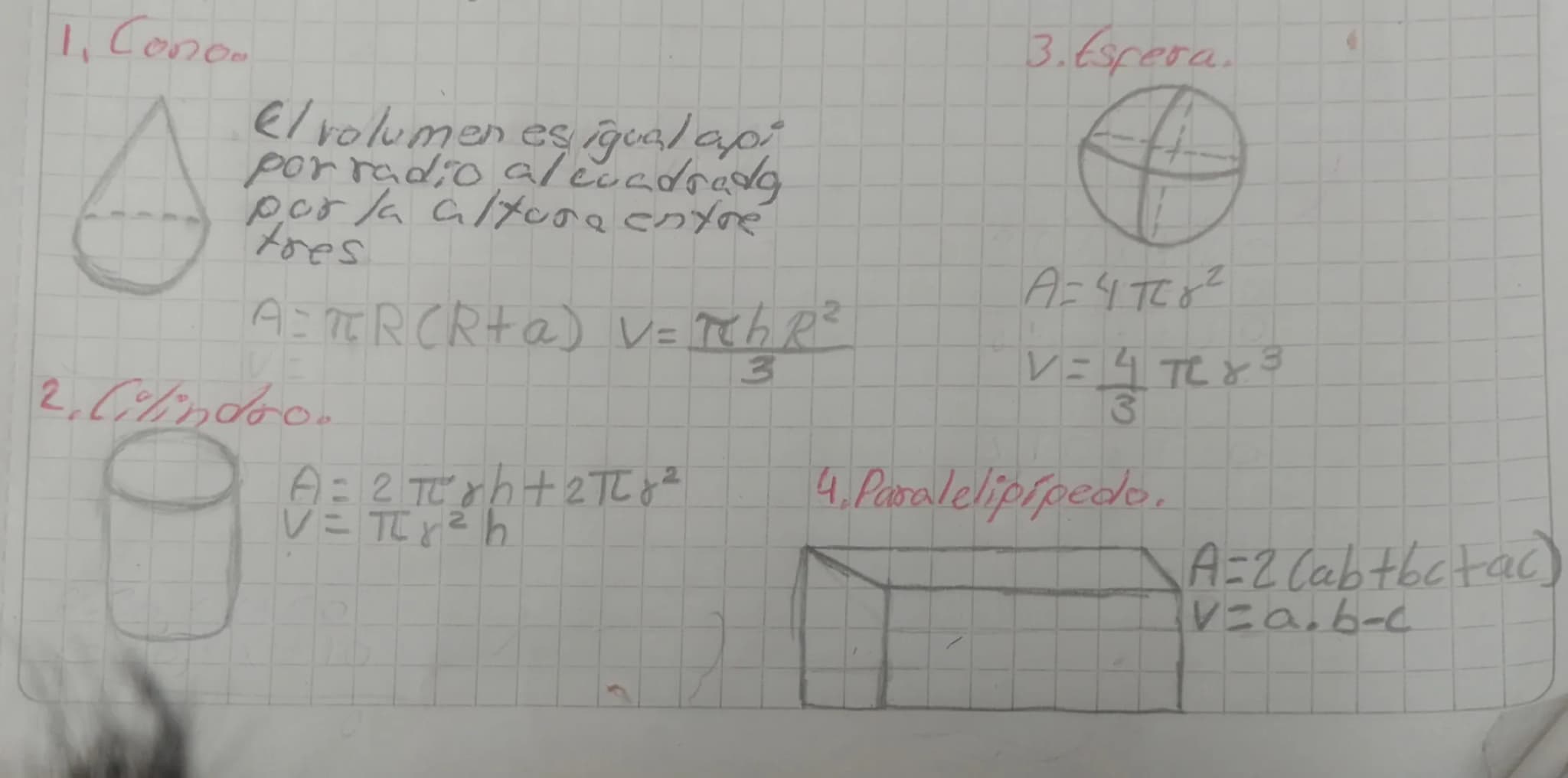 1. Cono
El volumen es igual a pi
por radio al cuadrado
por la altura entre
tres
$A=\pi R(R+a)$ $V=\frac{\pi h R^2}{3}$
2. Cilindro.
$A=2\pi