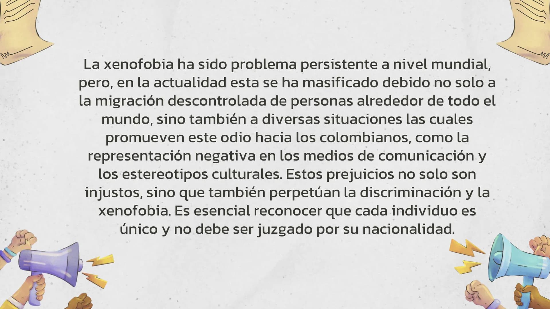 # AGENDA EXPOSITIVA
1. Planteamiento del problema.
2. Pregunta de investigación.
3. Hipótesis.
4. Situación de xenofobia a colombianos a niv